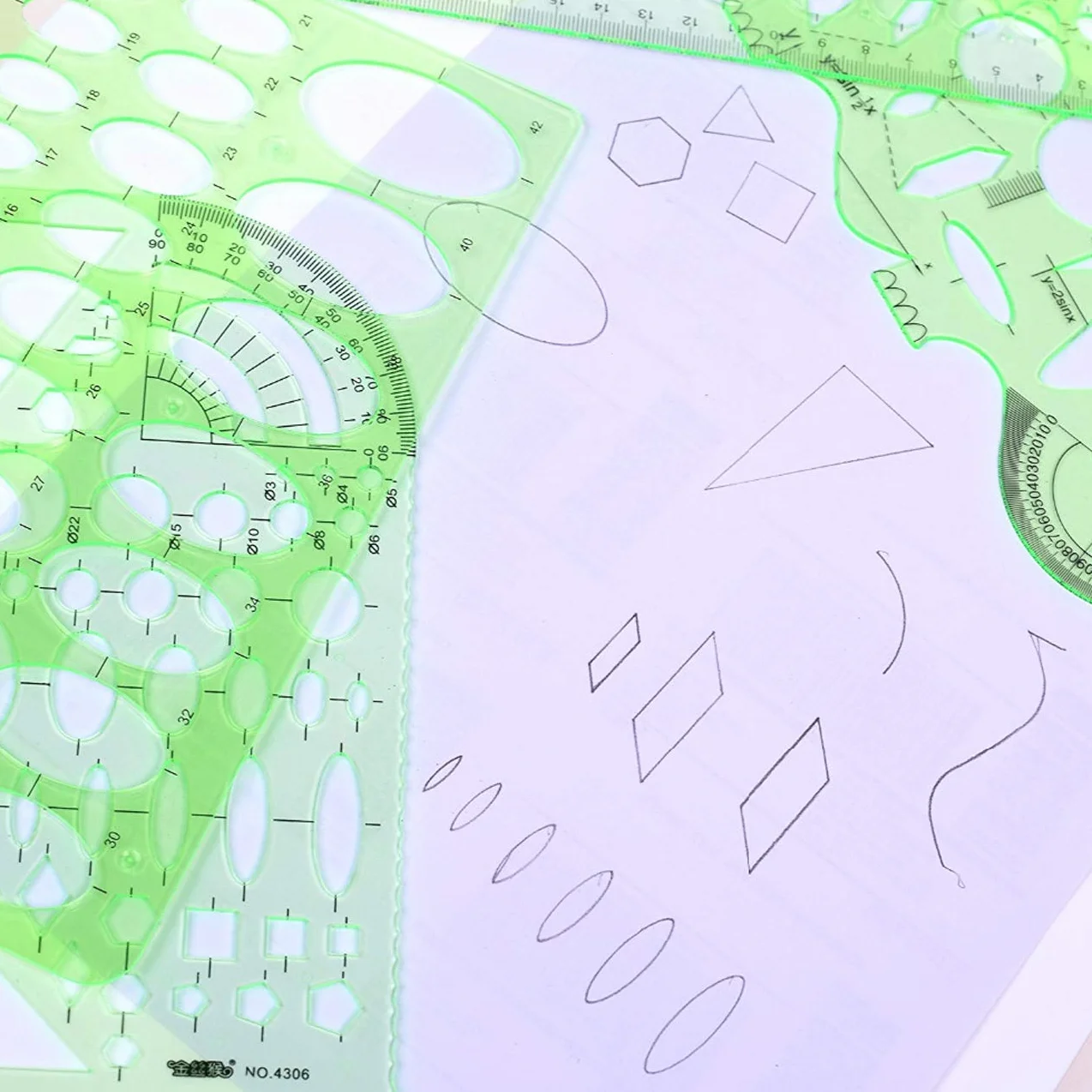Juego de 9 plantillas de dibujo geométricas, elipses y círculos, reglas de medición verde claro para dibujo digital oficina escuela