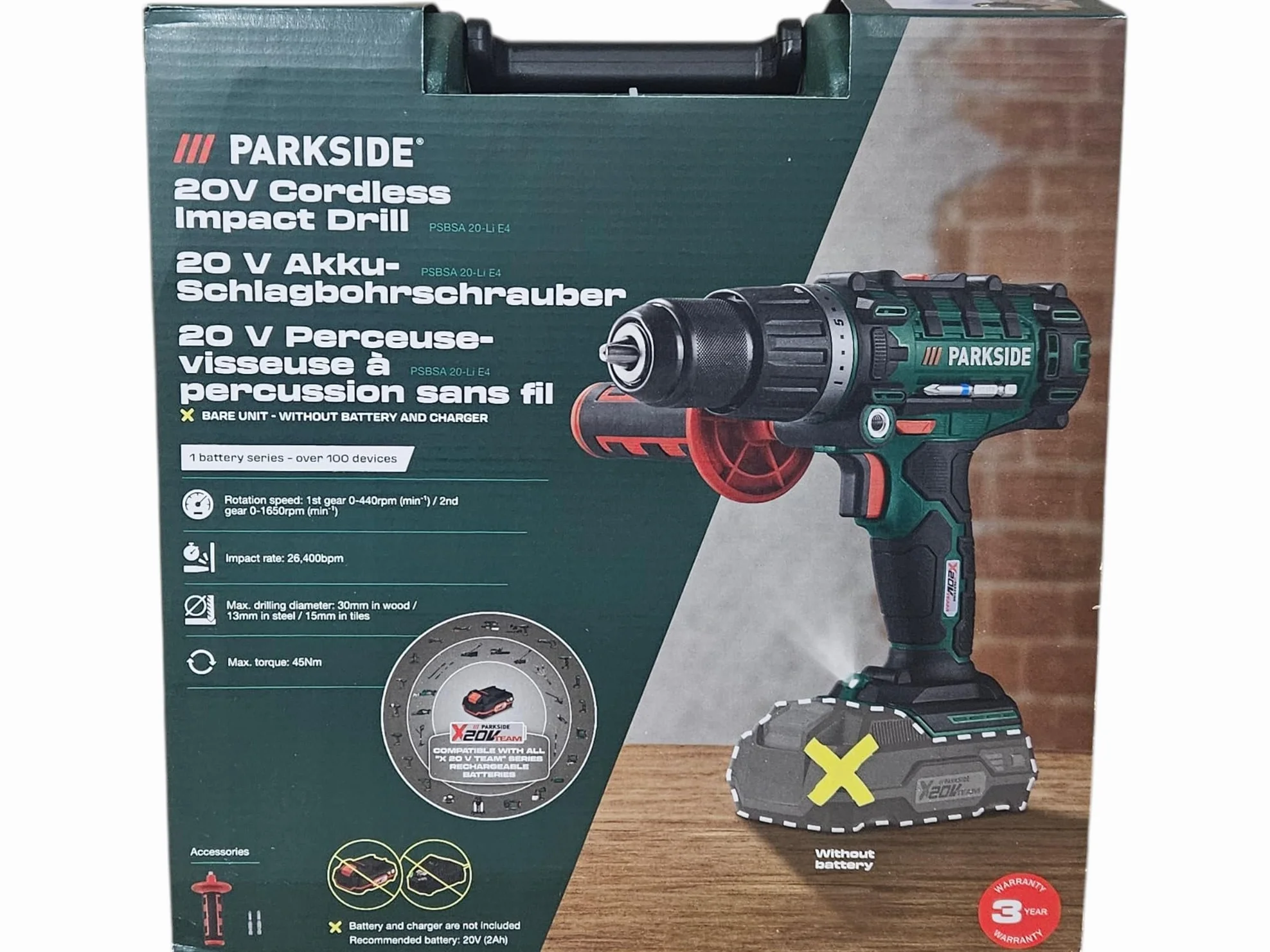 Parkside PSBSA 20-Li C3 - Taladro percutor inalámbrico (20 V, sin batería, sin cargador, sin juego de taladros)