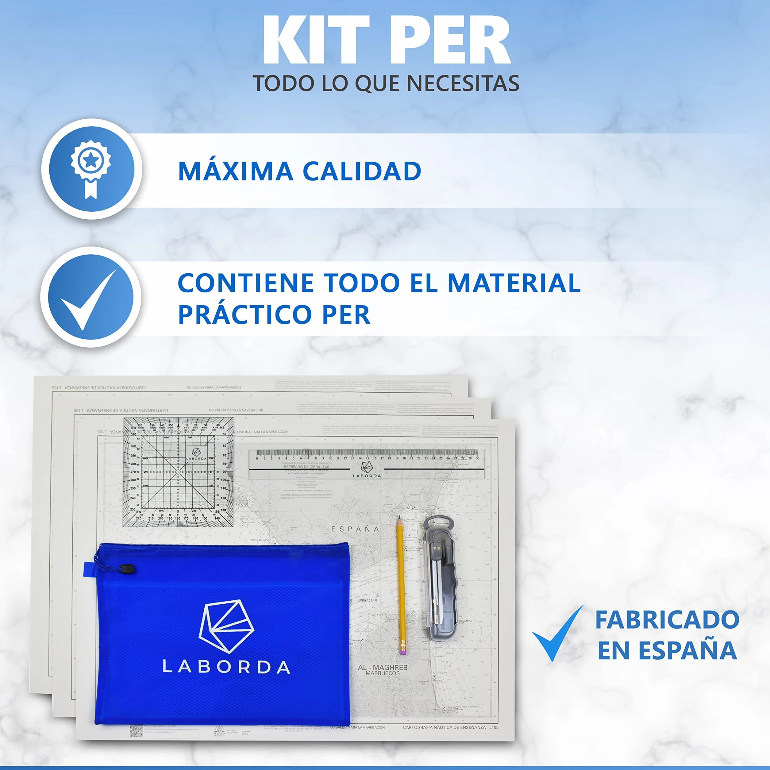 Kit Examen Per - Transportador de Ángulos Náutico, 3 Cartas Náuticas, Compás, Regla, Lápiz 2HB, Estuche