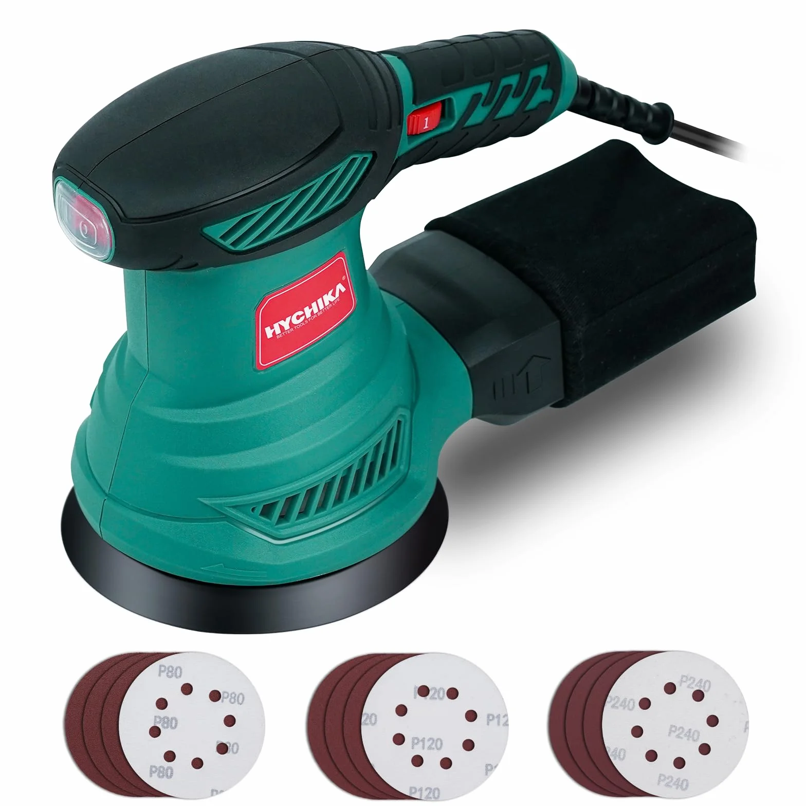 HYCHIKA Lijadora Orbital, 300W Motor Cobre Puro, 6 Velocidades 6000-13000 OPM, Bajo Ruido, Bolsa de Polvo Extraíble, Incluye 12 Discos de Lijado para Madera, Suelos y Pintura
