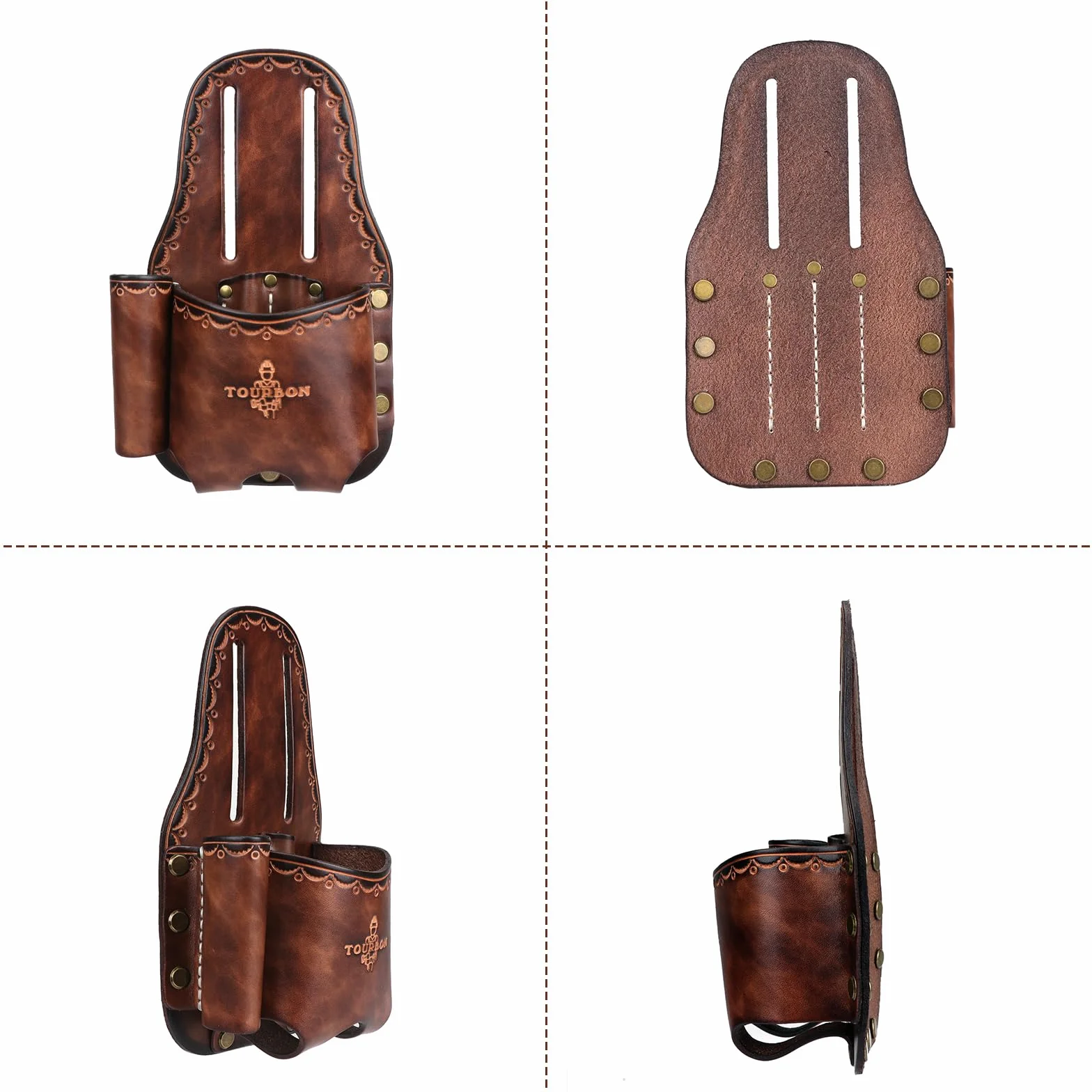 TOURBON - Soporte grande de piel auténtica para cinta métrica de cinturón, bolsa de herramientas con martillo, funda para cuchillos utilitarios, trabillas para lápices