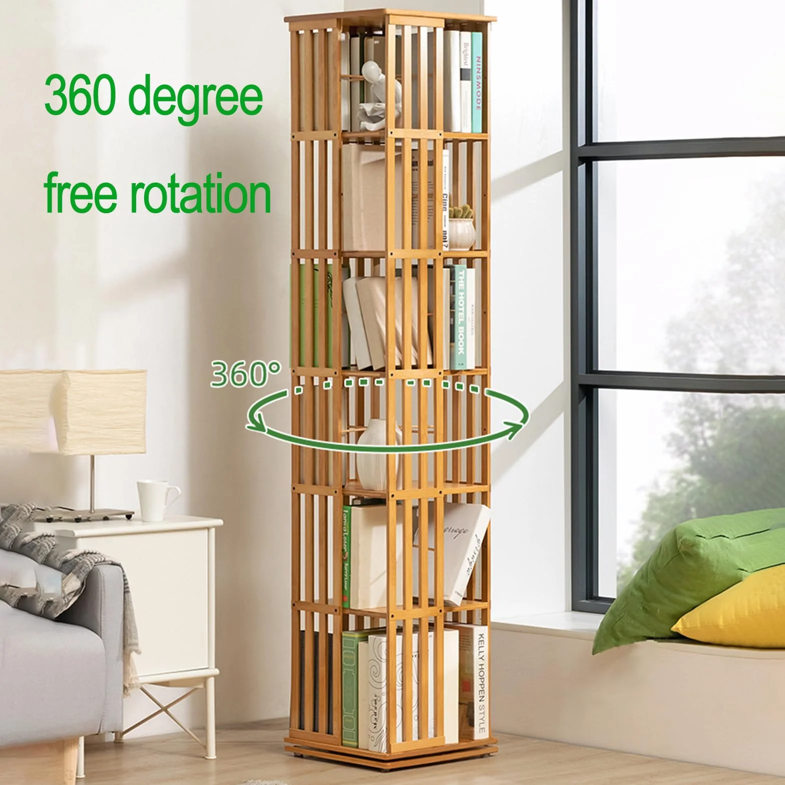 Biblioteca giratoria de bambú a niveles, estante giratorio de 360° con vitrina de esquina, estante para libros y decoración - Estantería de almacenamiento para niños y adultos - Biblioteca