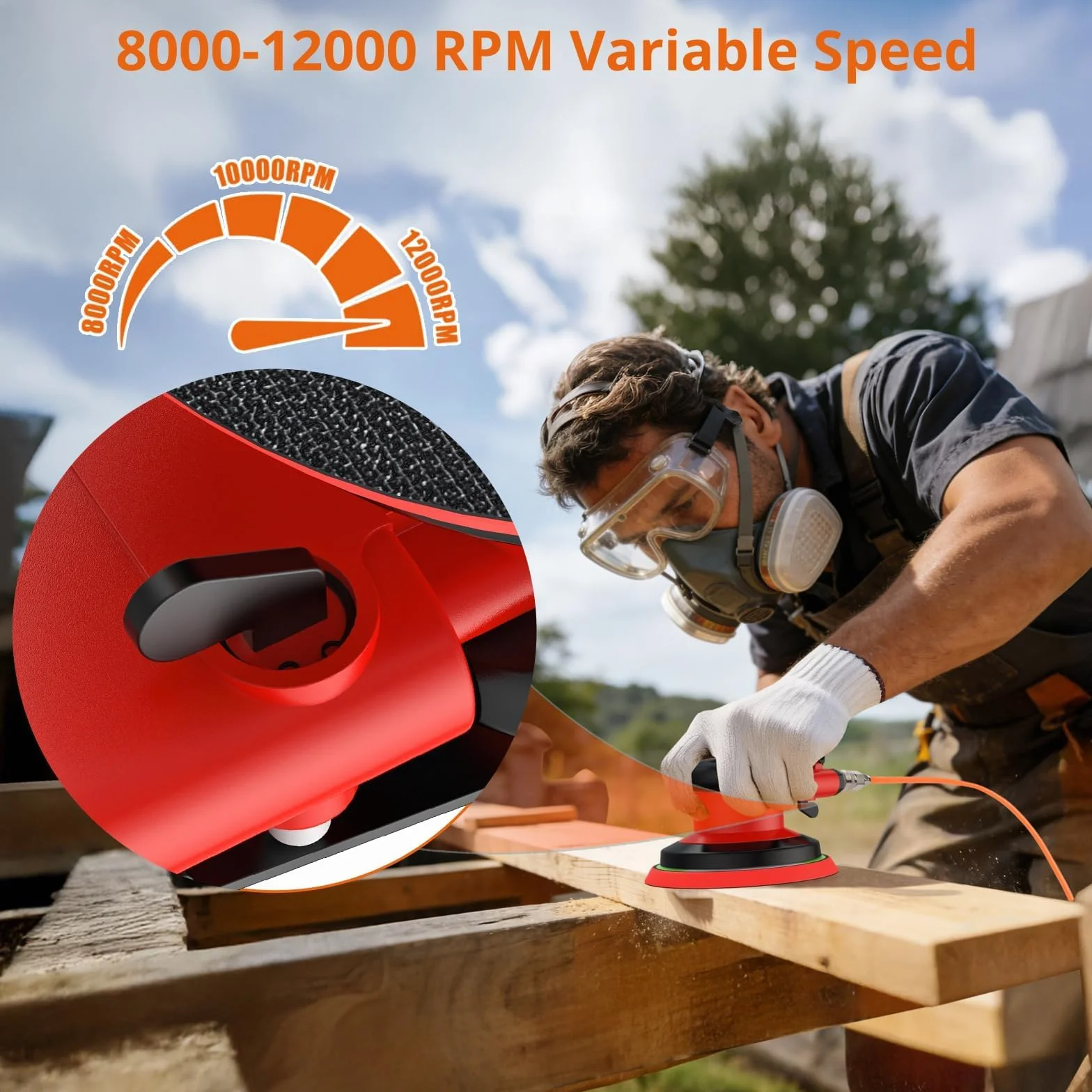 Proster Lijadora Orbital Neumática 12000RPM 5pulgadas Lijadora Rotorbital con 20 Papeles de Lija(80-320 Grano) y Control de Velocidad Variable para Preparación de Pintura de Coches,Lijado de Madera