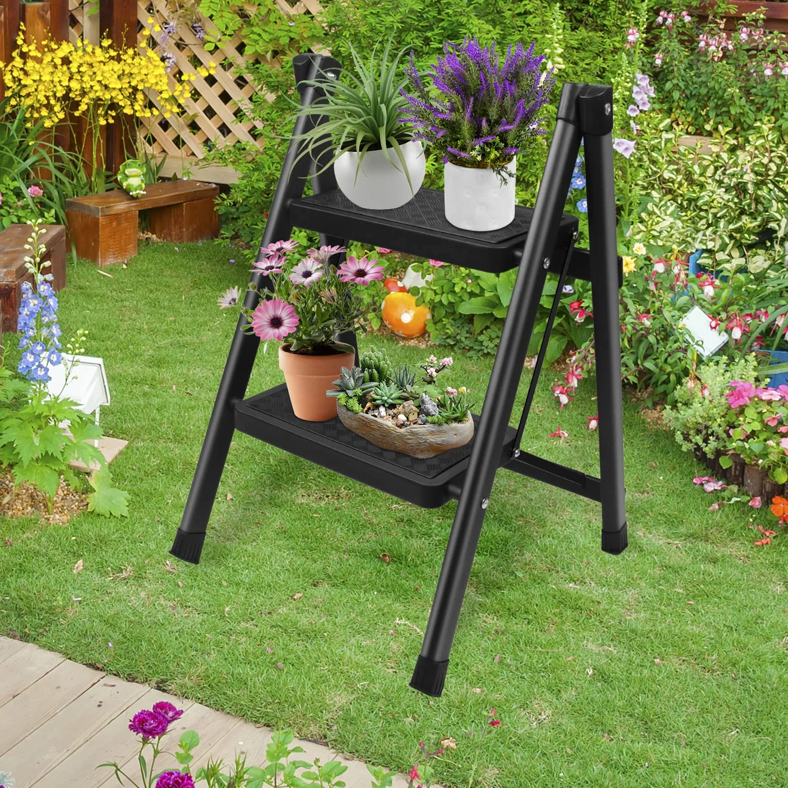 2 Peldaños Taburete Escalera Plegable, Taburete o Soporte de Exhibición Portátil, Ligero Escalones Antideslizante multifuncional para Hogar, Cocina, Oficina (Escalera de 2 peldaños)