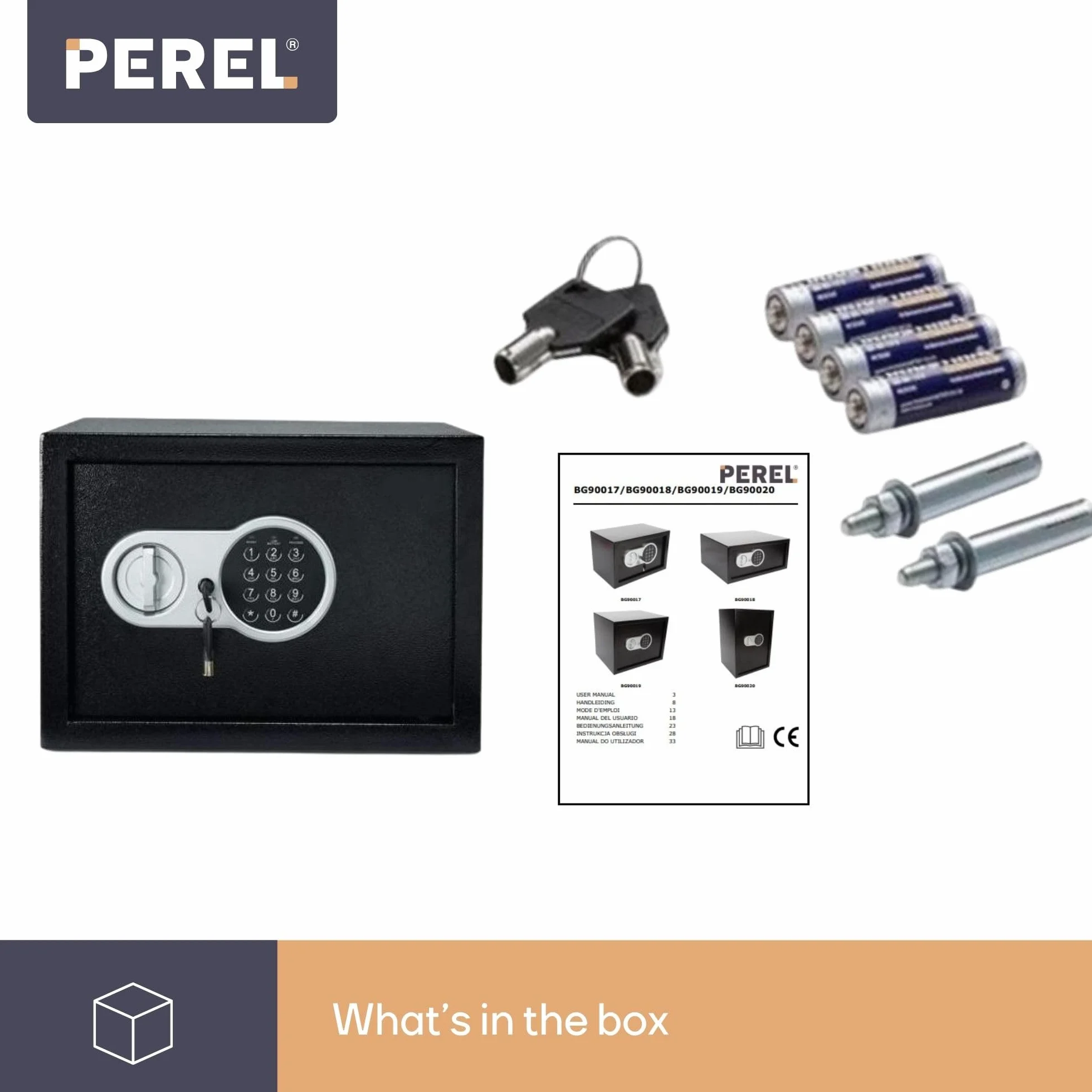 Perel Caja fuerte electrónica con código digital y llave de emergencia, caja de seguridad de acero espaciosa con interior acolchado, mini caja para joyas, documentos y dinero, 20x31x20 cm