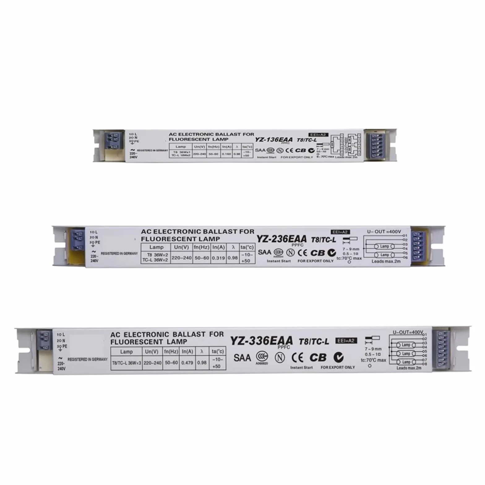 Balasto electrónico, YZ-136EAA YZ-236EAA YZ-336EAA 220-240 V 1 x 36 W 2 x 36 W 3 x 36 W Balasto electrónico T8(YZ-136EAA)