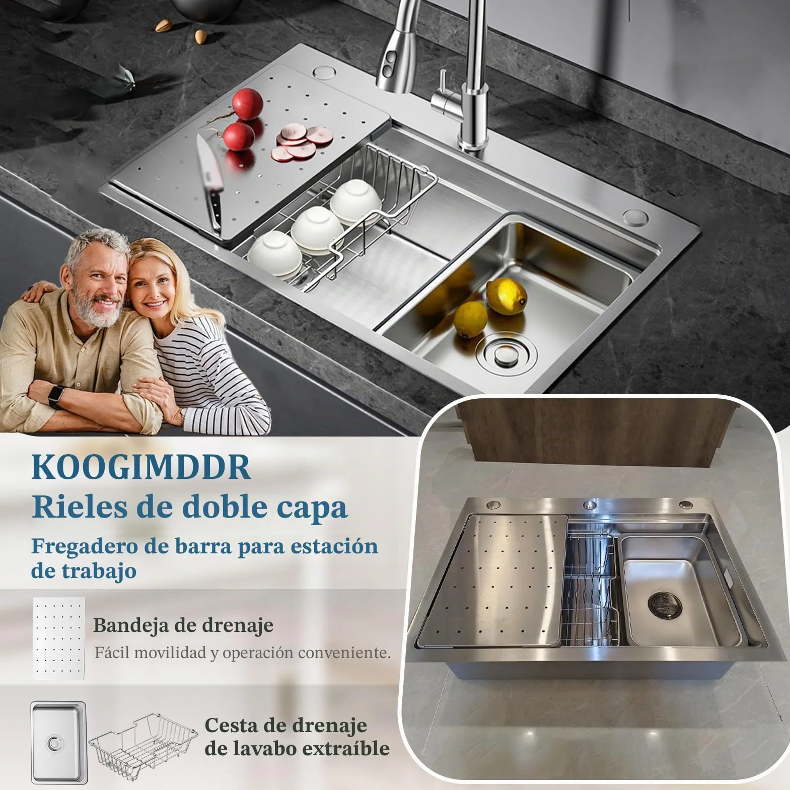 Fregadero de cocina multifunción de 65 x 50 cm, de acero inoxidable 304, hecho a mano, fregadero de cocina grande de una bañera, instalación a ras o sobre encimera con bañera extraíble