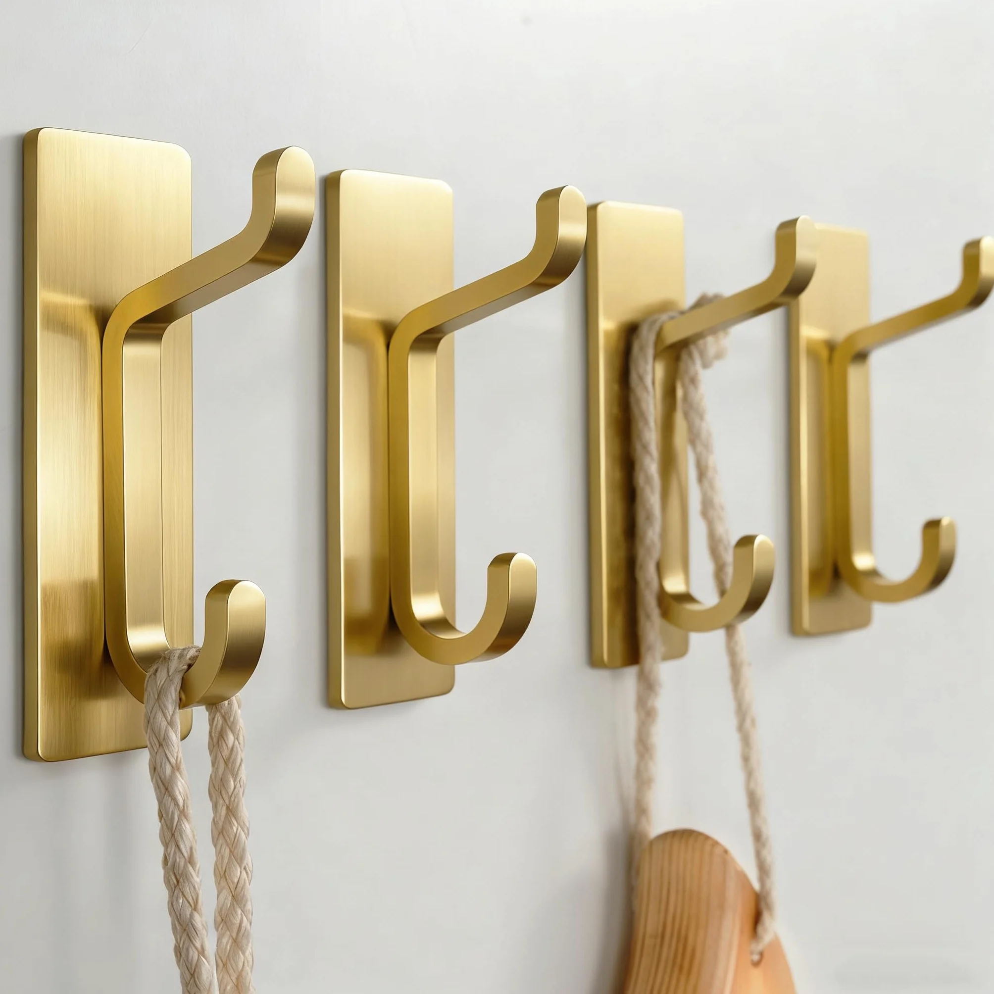 Josmimic Toallero sin taladro: ganchos adhesivos extra fuertes de 6 kg, ganchos de pared autoadhesivos para baños, ganchos para toallas y abrigos, juego de 4, dorado