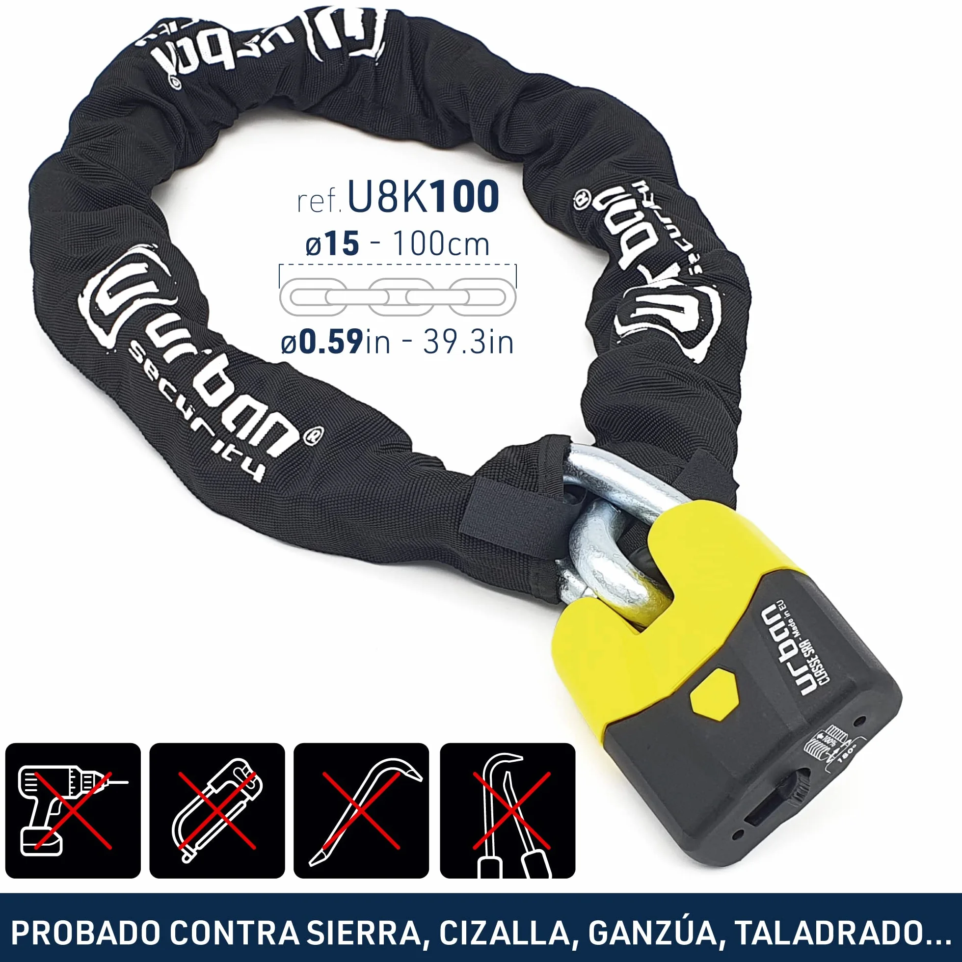 URBAN U8K100 Candado Moto Cadena Antirrobo, Homologación SRA Alta Seguridad, Acero Endurecido ø15, Doble Cierre, Cerradura Anti-Ganzua Anti-Taladro, 100cm para Anclaje Garaje Moto Bicicleta Eléctrica