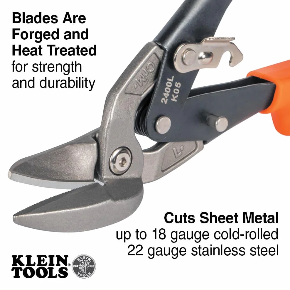 Klein Tools Tijeras compensadas de corte izquierdo 2400L, tijeras de hojalata de aviación con hoja forjada para corte de chapa de precisión