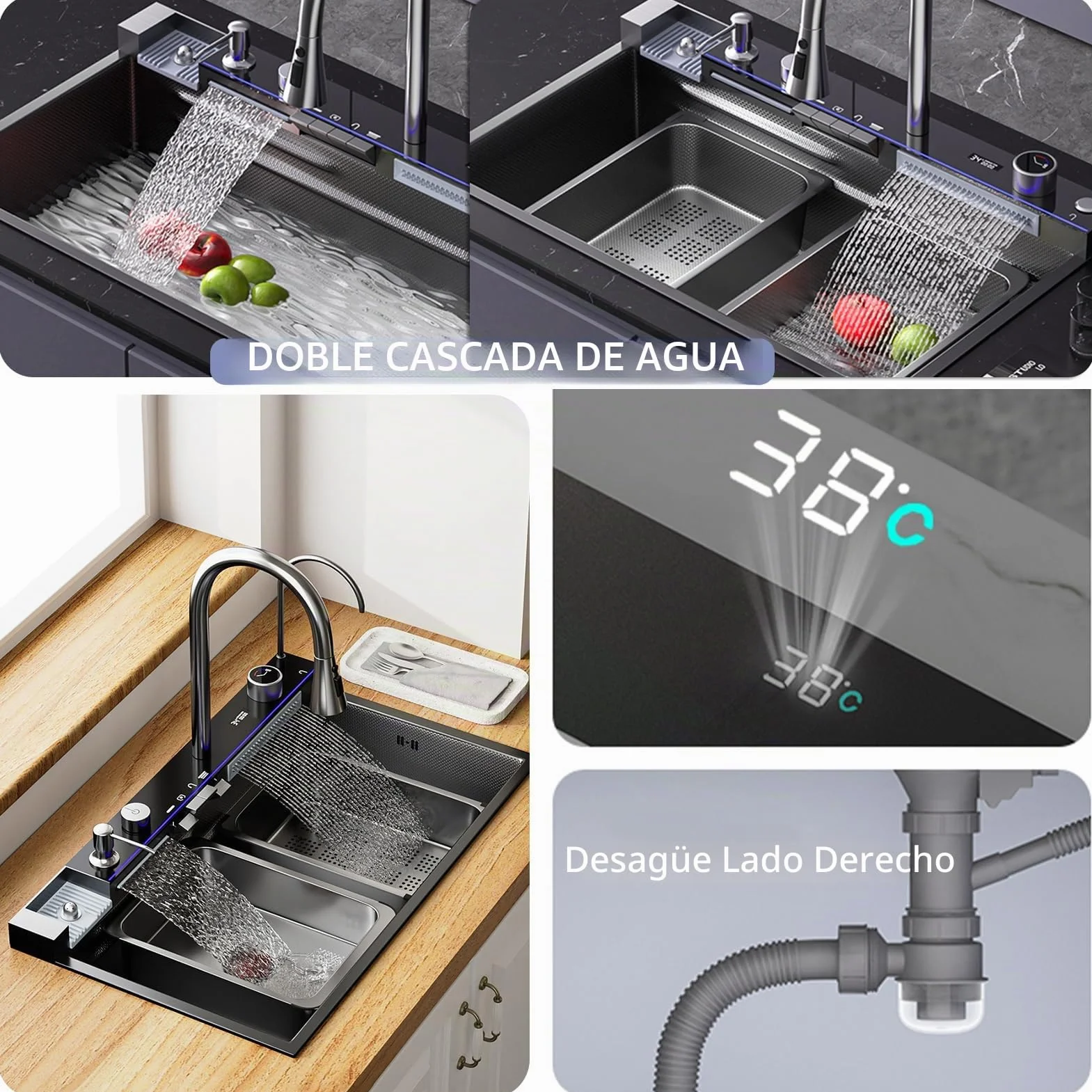 Fregadero de cocina de acero inoxidable multifunción de 80 x 50 cm – 2 cascada fregadero de agua, grifo extraíble, gran lavabo de cocina, con dispensador de jabón, con accesorios para