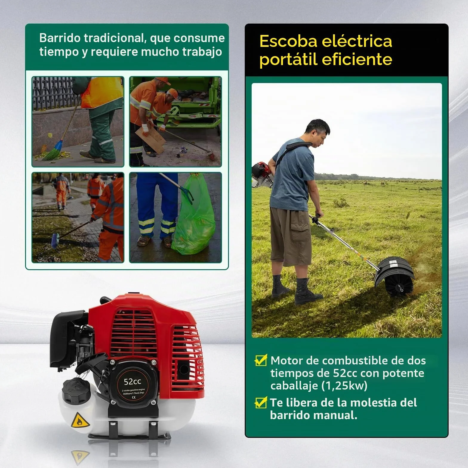 Barredora de césped artificial, 43 cc, cepillo eléctrico de gasolina, escoba de mano, entrada, hoja artificial, cepillo de césped de 2 tiempos, escoba al aire libre, barredora de mano de 1,25 kw,