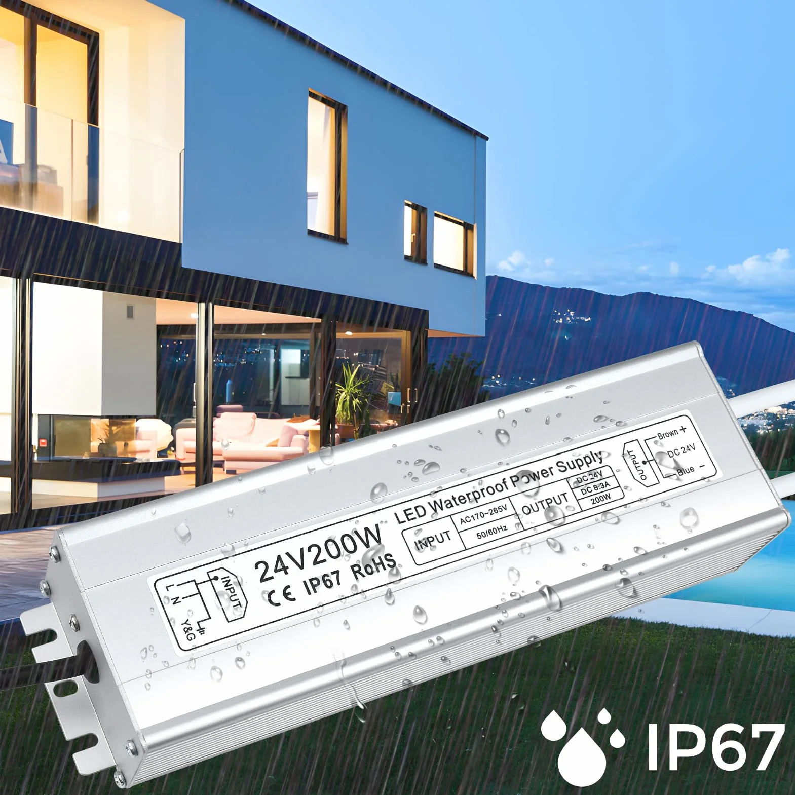 inShareplus Transformador LED de 24 V, 8,33 A, 200 W, IP67, resistente al agua, controlador para exteriores, CA 170-265 V a CC 24 V, transformador de bajo voltaje, fuente de alimentación de 24 V para