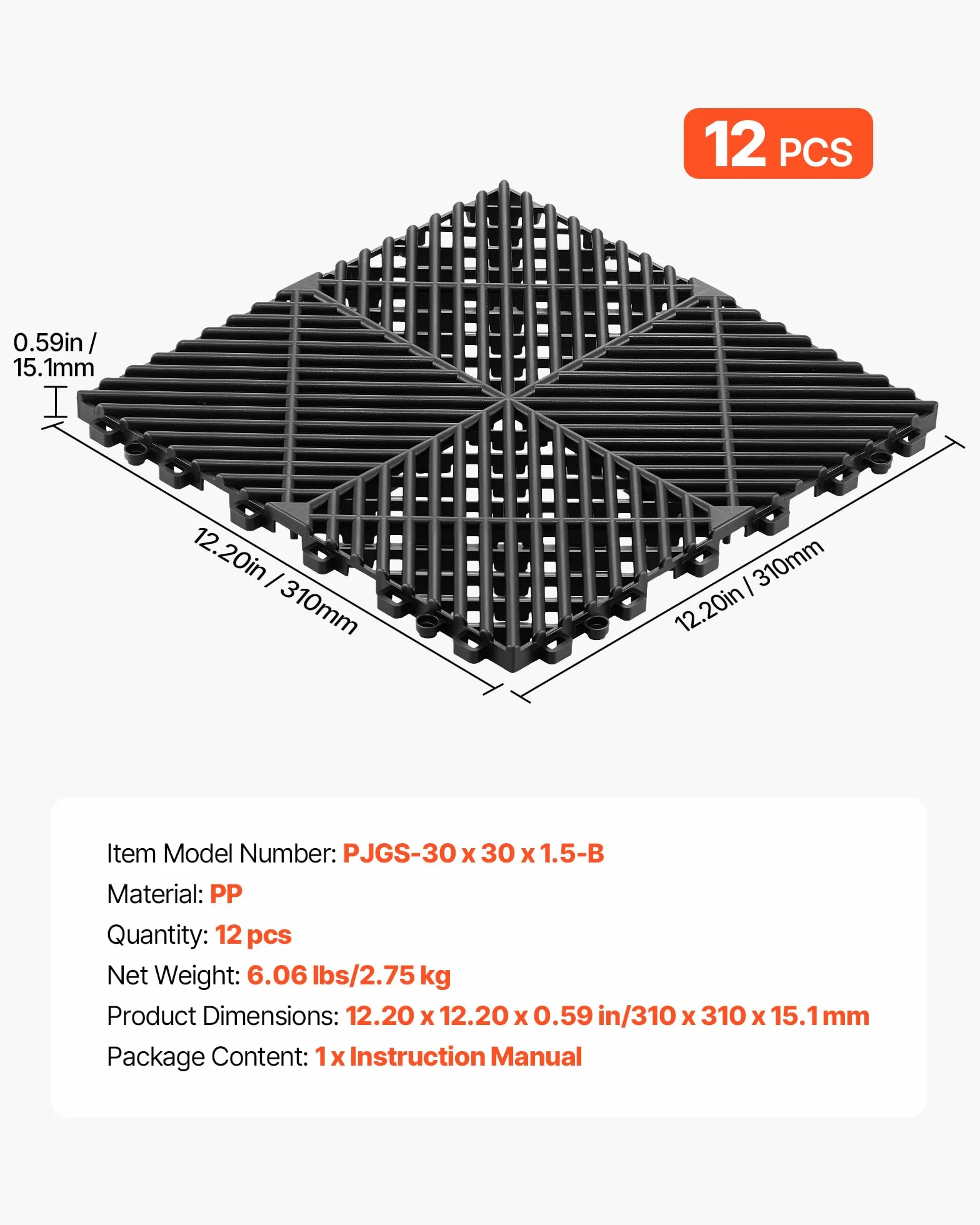 VEVOR Baldosas para Garaje Entrelazadas, 310 x 310 mm, Paquete de 12 Piezas, Azulejos de Drenaje de Polipropileno, Autoventilado, Antideslizante, Suelo Modular para Cocina Piscina Baño, Color Negro