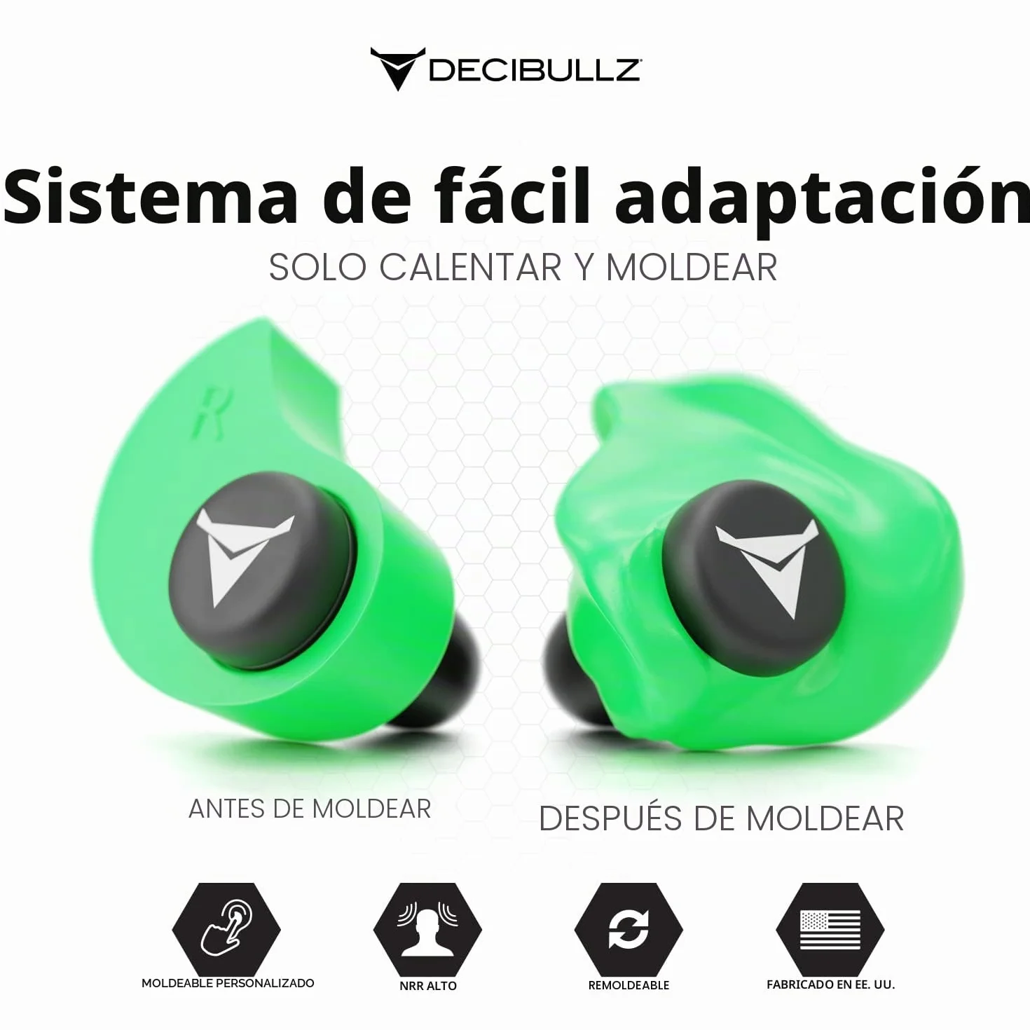 Decibullz Tapones para los oídos moldeados a medida 31 dB protección auditiva para disparos conciertos (verde)
