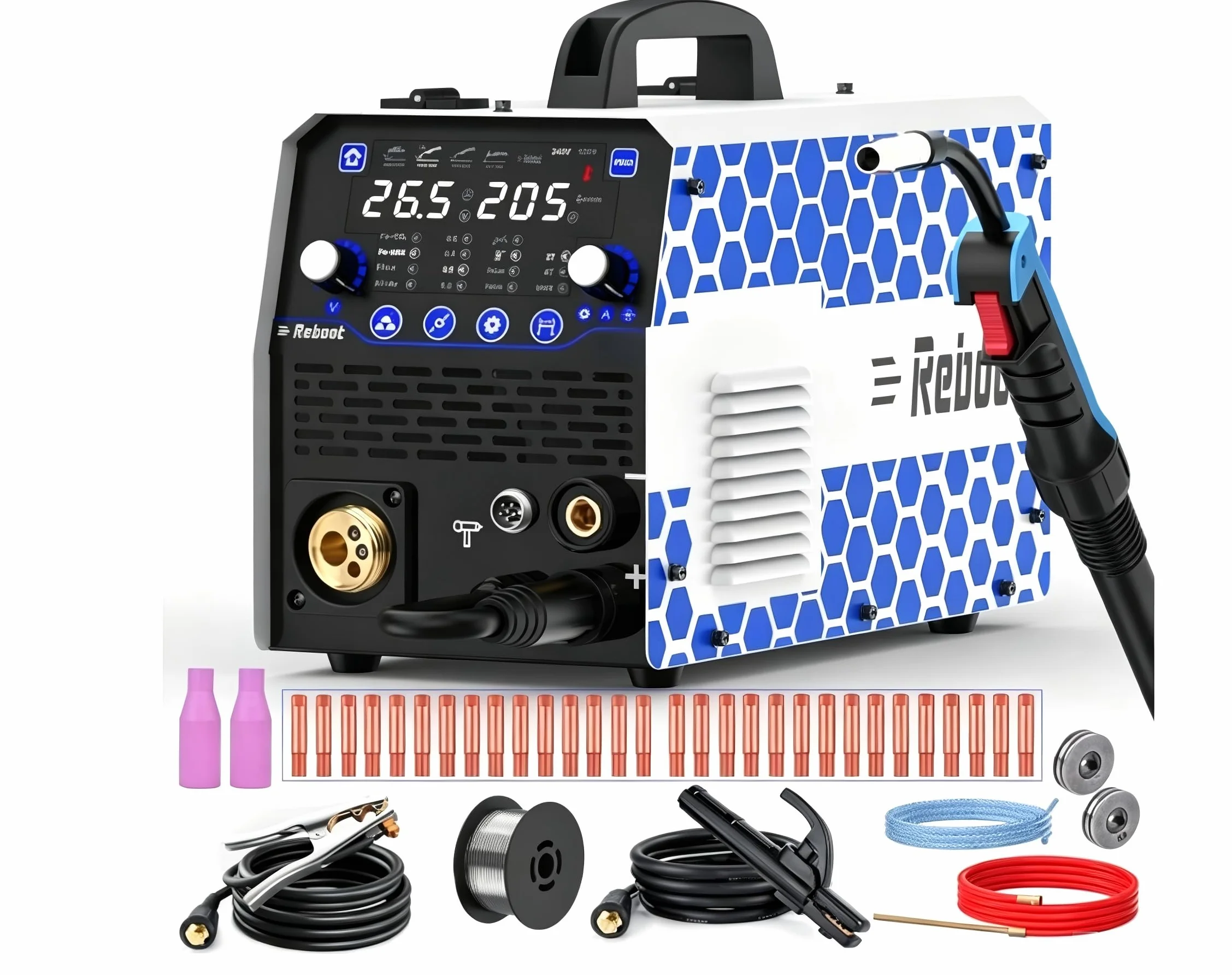 Reboot Soldadora multifunción 7 en 1 205 A – MIG/MAG, sin gas, MMA, Lift-TIG, soldadura por puntos, preparación de aluminio, pantalla digital, 240 V, ideal para bricolaje y taller