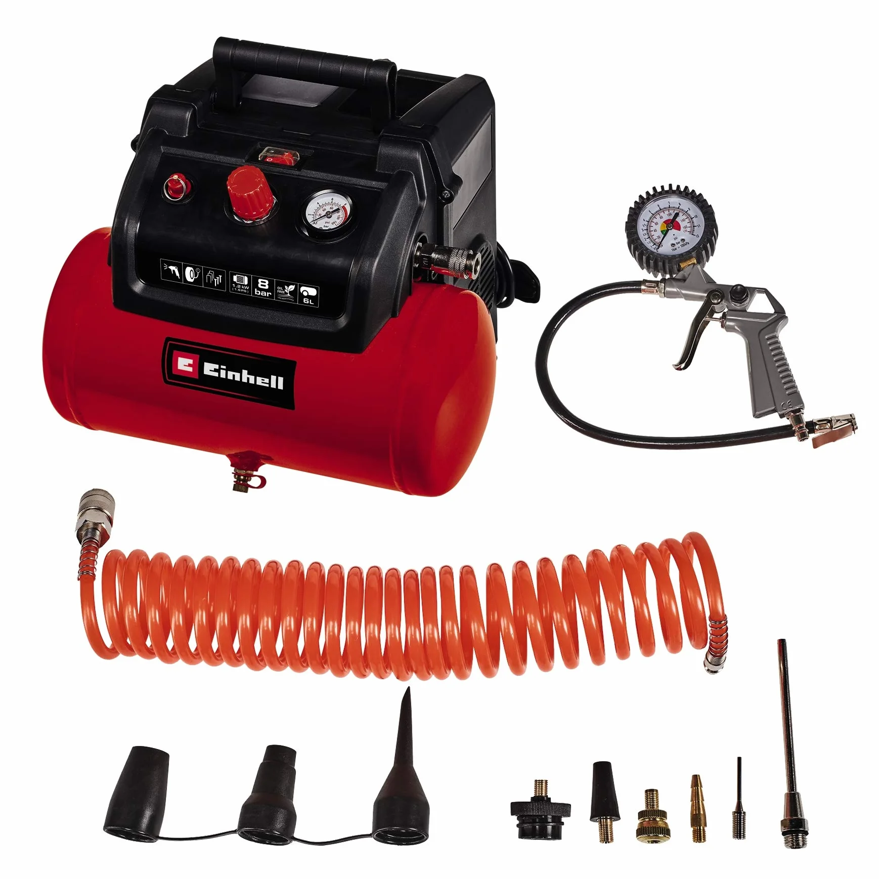 Einhell Compresor TC-AC 190/6/8 OF Set (1200 W, máx. 8 bar, depósito de 6 L, potencia de aspiración de 190 l/min, velocidad del motor 18000 min^-1, regulador de presión, manómetro, sin aceite)