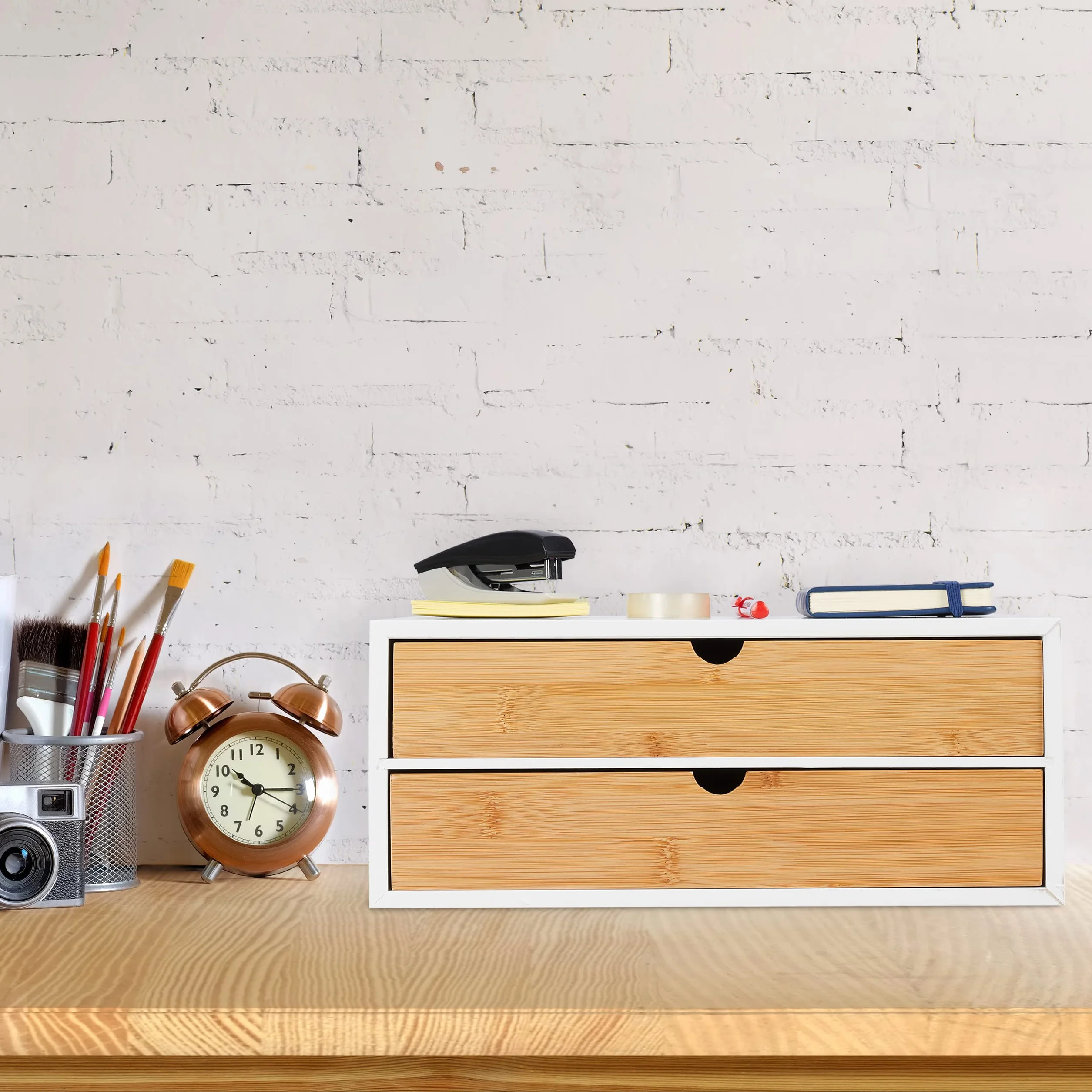 Relaxdays Organizador Escritorio 2 Cajones Bambú MDF 14x33x21cm Natural Blanco