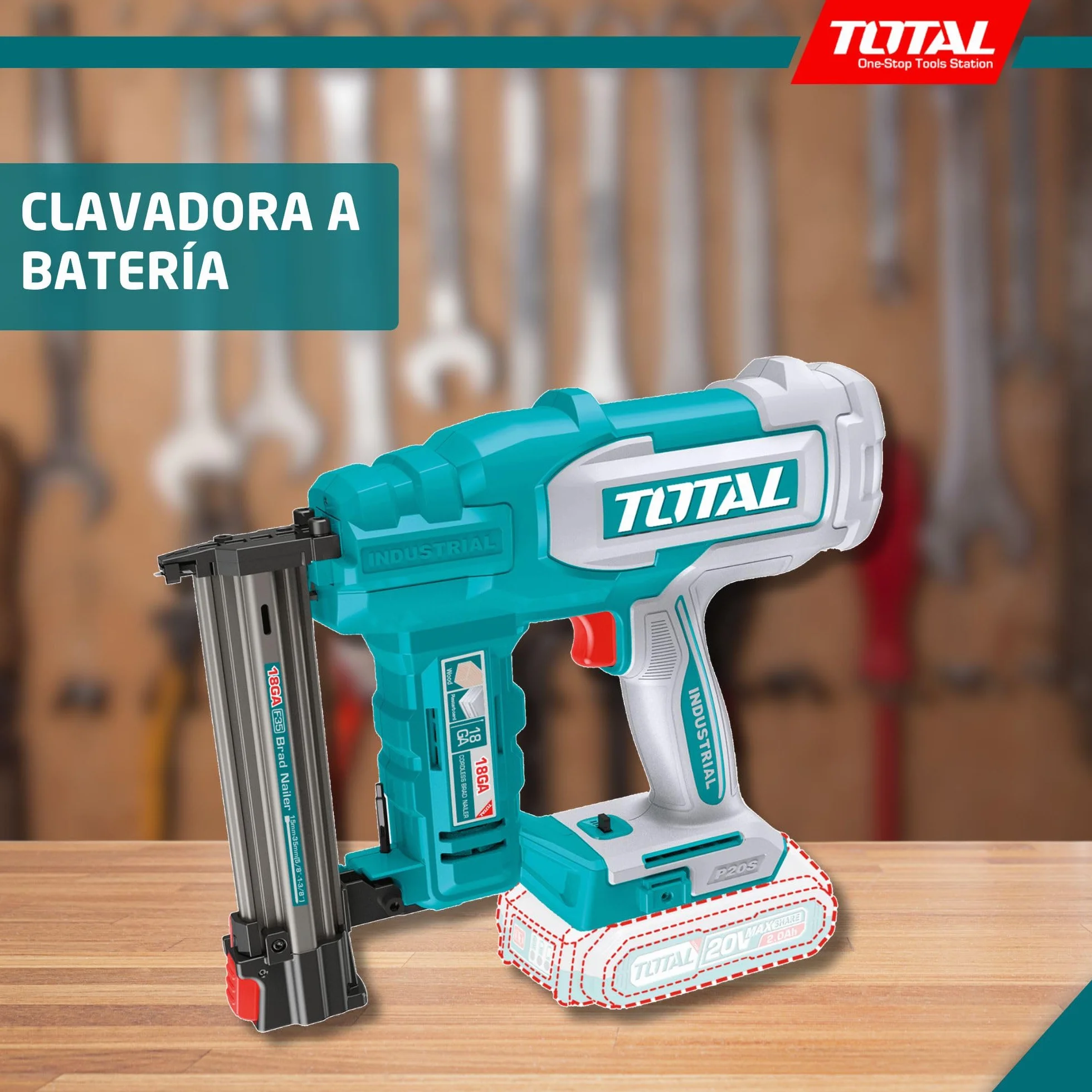 TOTAL - Clavadora a Batería 20V Profesional; 2 Clavos; Compatible F15-F35; Cargador 105 Clavos; Modelo TCBNLI2005; Herramienta Eléctrica sin Batería ni Cargador