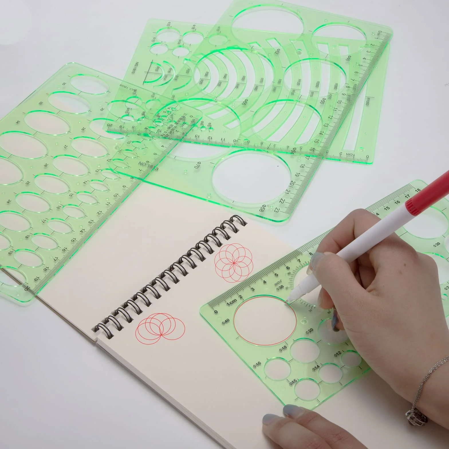 Plantilla de Círculos Reglas Geométricas de Plástico 4 Piezas Verde Transparente