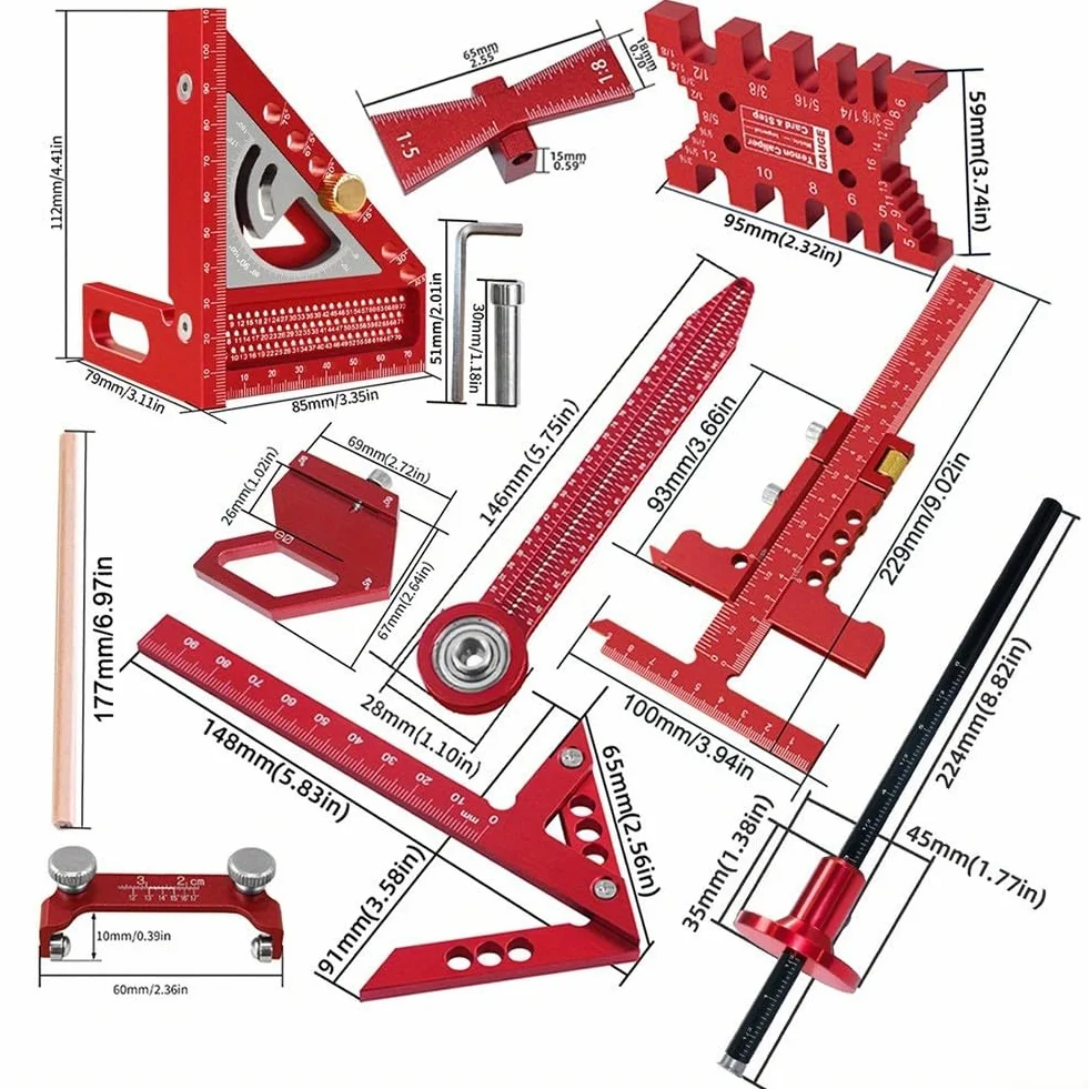 Aleación de aluminio Kit de medición y diseño de carpintería con reglas, calibradores, bloques de marcado y herramientas de afilado (6)