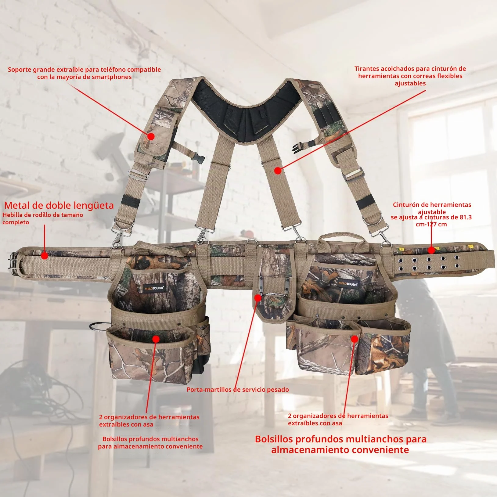 MELOTOUGH - Cinturón de herramientas con camuflaje y tirantes Bolso de herramientas con camuflaje y tirantes Combinación de peine, delantal, cinturón de herramientas, bolsa de herramientas para
