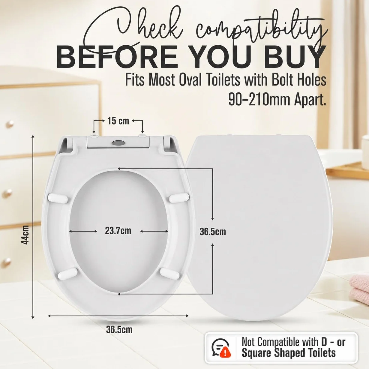 SA Products Tapa WC Universal Ovalada con Cierre Suave y Liberación Rápida, Asiento de Inodoro de Termoestable con Bisagras ABS y Tornillos, 44,1 x 36,5 x 5 cm, Blanco, Fácil Limpieza e Higiene