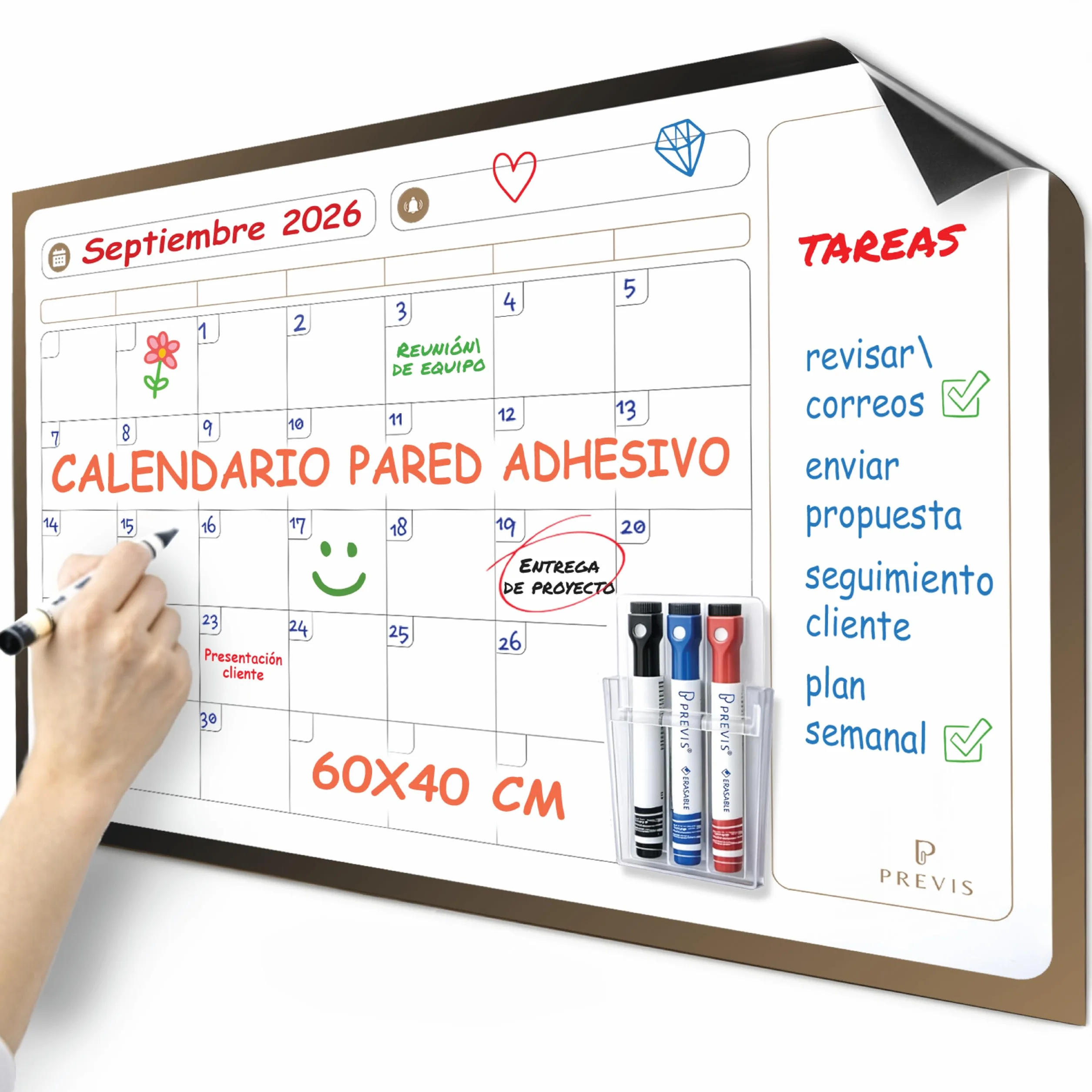 PREVIS Pizarra Calendario Pared Adhesivo A2 60x40cm Planificador Mensual con Rotuladores 2026