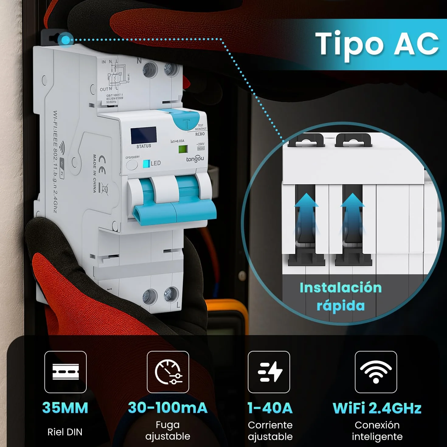 TONGOU Interruptor diferencial Superinmunizado WIFI/TUYA App， Auto Rearmable Disyuntor 1P+N，Rearme Automatico con Sobrecorriente y Fugas 1-40 A, 30-100 mA ajustable ，Clase AC 6Ka Carril Din RCBO
