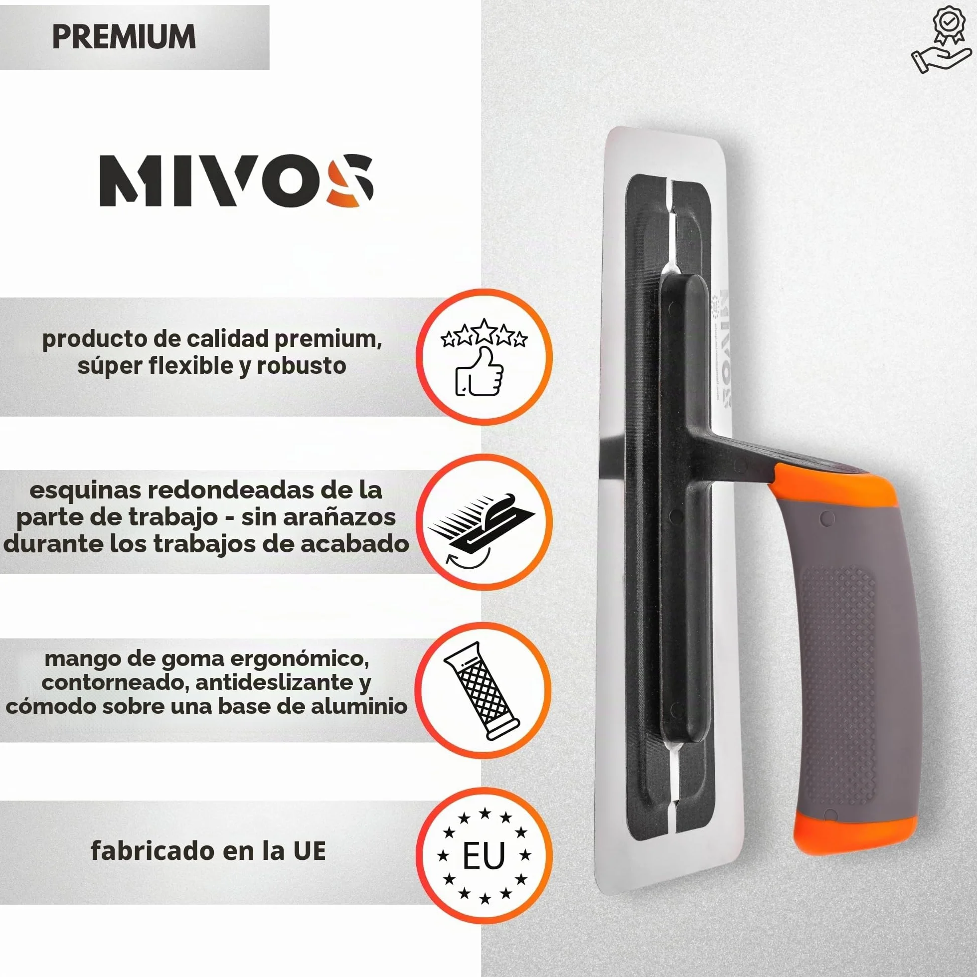 MIVOS llana alisadora de acero inoxidable 240mm - Premium - llana alisadora profesional de acero inoxidable con empuñadura blanda ergonómica - Llana alisadora MADE IN EU