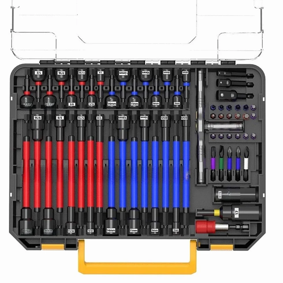 Juego de 62 llaves de trinquete para construcción cr-v de 140 Nm, adaptadores de brocas magnéticas, barras de extensión en caja de herramientas portátil