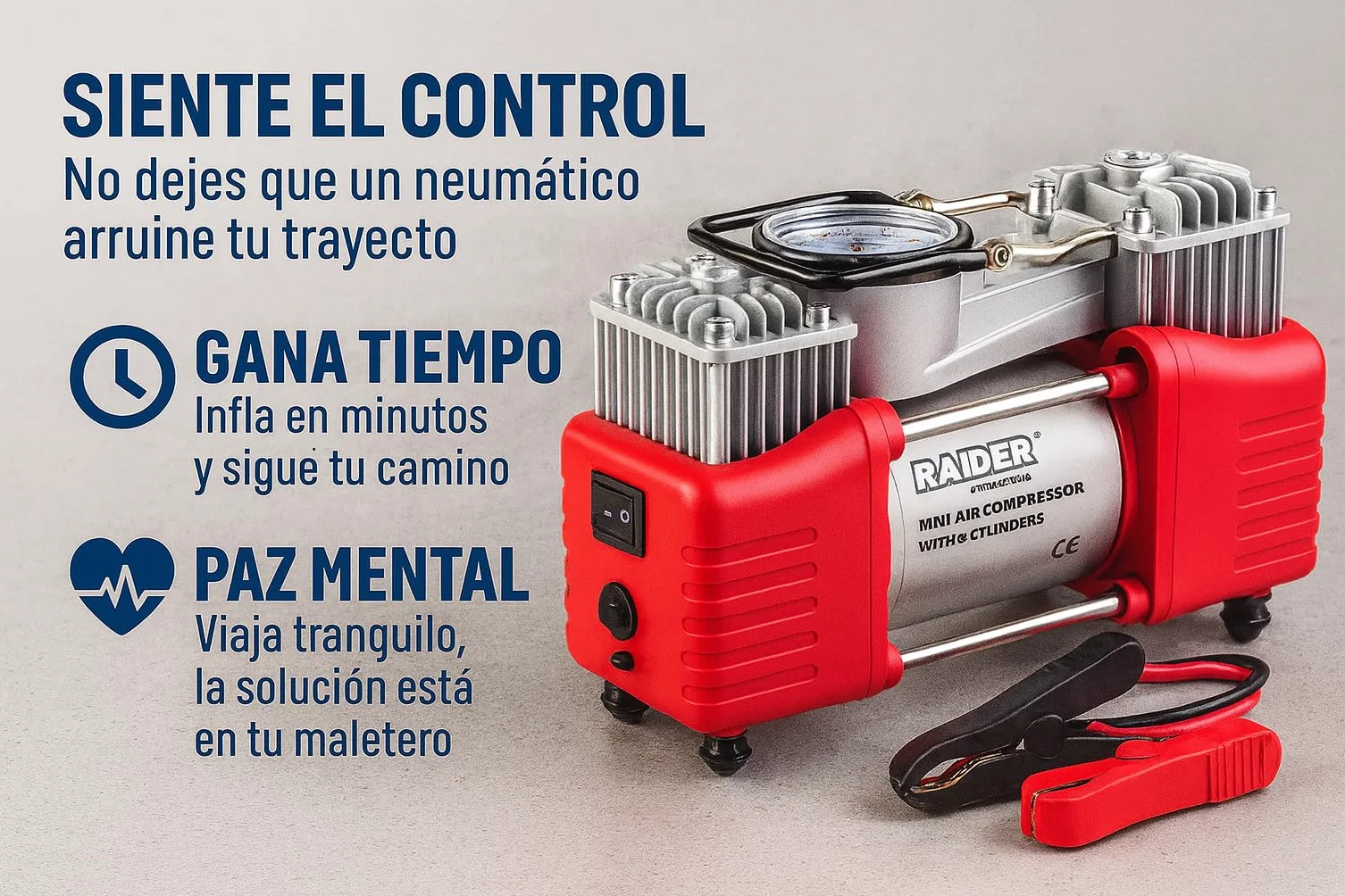 Compresor de Aire Portátil 12V 300W – 70L/min Doble Pistón con Manómetro, Conexión Mechero y Pinzas de Batería, Incluye Estuche con Accesorios – Para Coche, Moto y Furgoneta
