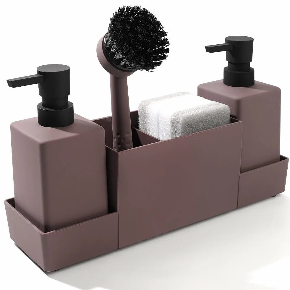 Organizador de cocina con 2 dispensadores de jabón 350 ml, soporte de esponja y bandeja de goteo, plástico ABS