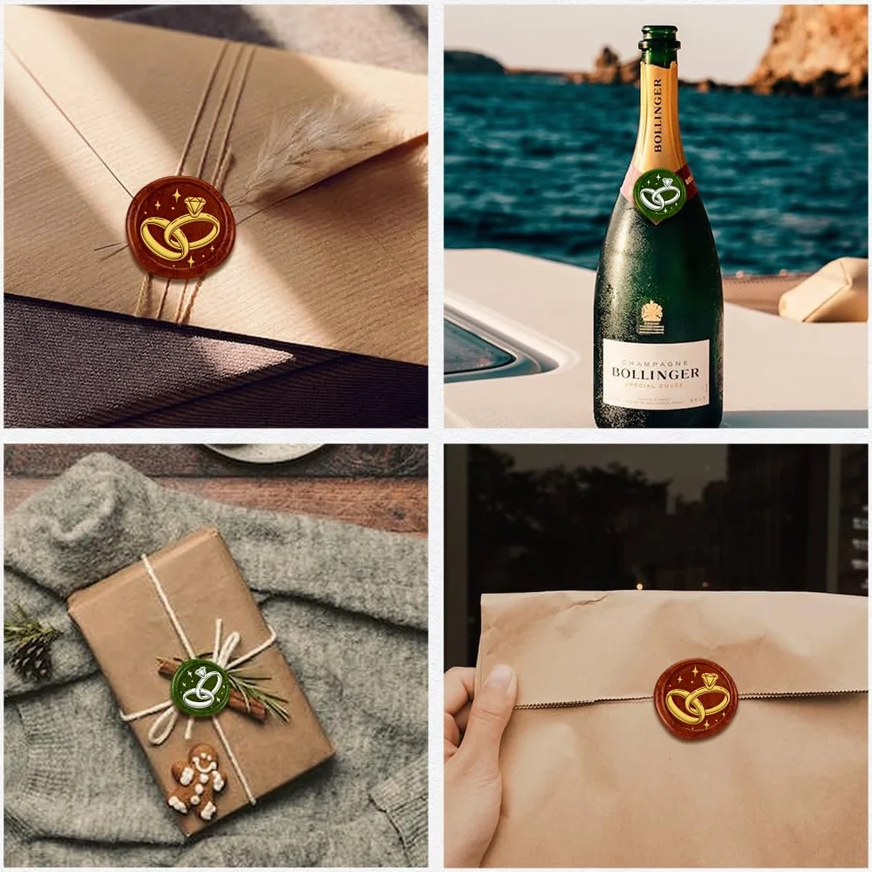 Sello de cera con anillos de boda, extraíble, 1 pulgada, cabeza de sello de cera de latón con mango de plástico ABS para invitaciones de boda, tarjetas de felicitación y sobres