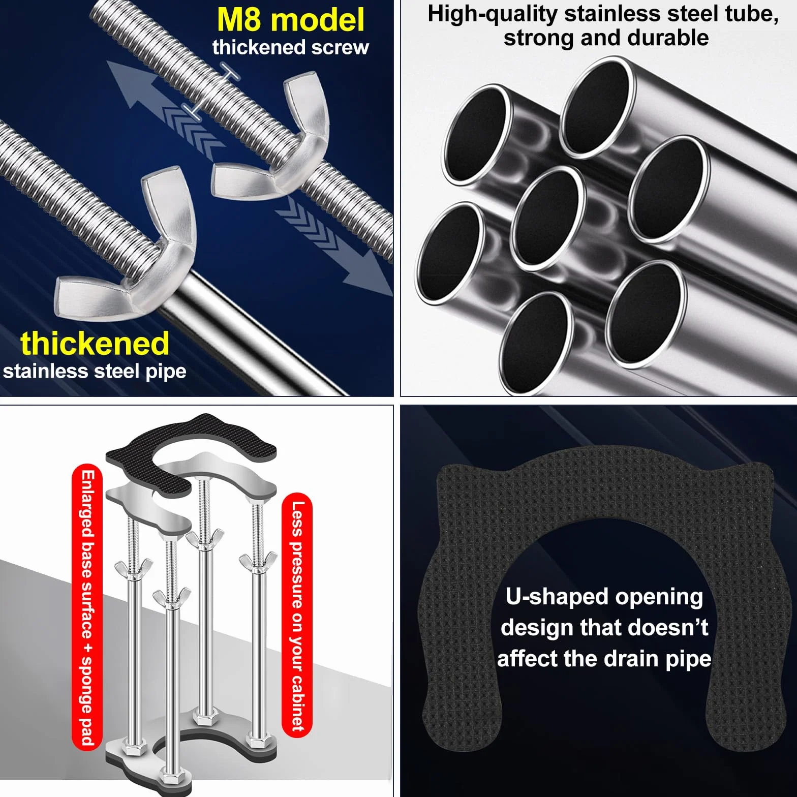 Soporte de fregadero de cocina para montaje inferior, kit de reparación de fregadero vertical con almohadillas antideslizantes que absorben los golpes, soporte ajustable de acero inoxidable