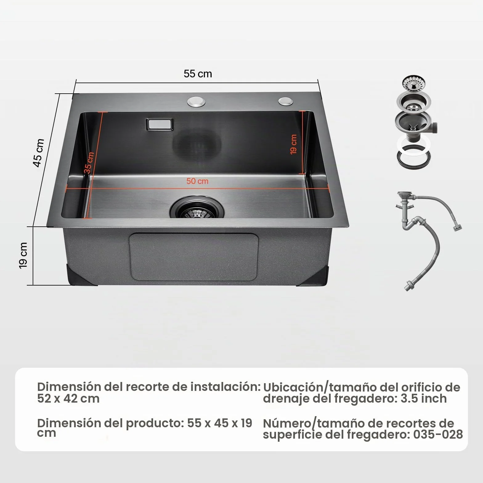 VEVOR Fregadero de Cocina con Montaje Superior de Acero Inoxidable 304, con Accesorios, Fregaderos de Lavavajillas Domésticos para RV, Cocina de Preparación y Barra, Negro, 550 x 450 x 190 mm