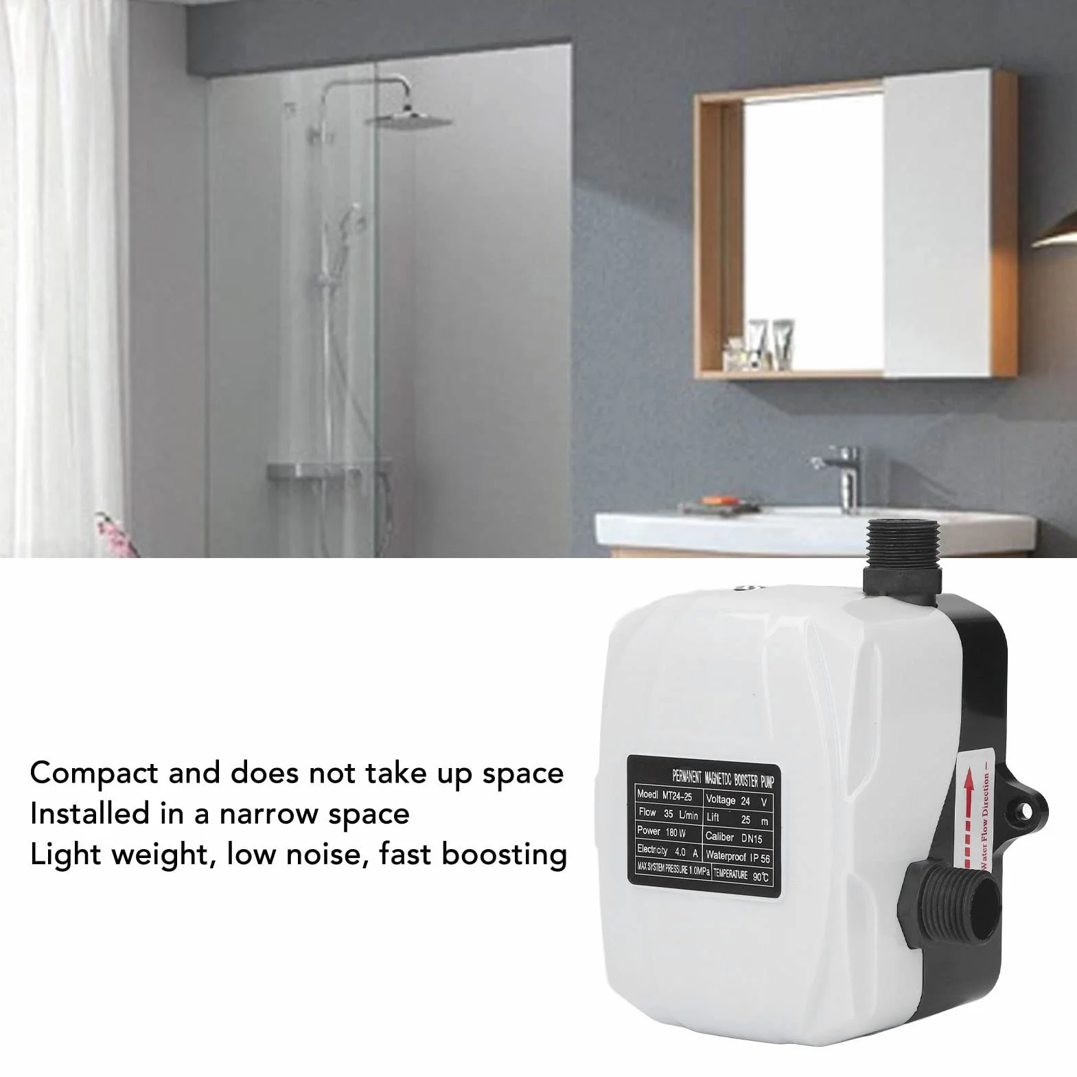 Bomba de Refuerzo Automática 35L/min DC24V 180W DN15 IP56 ABS