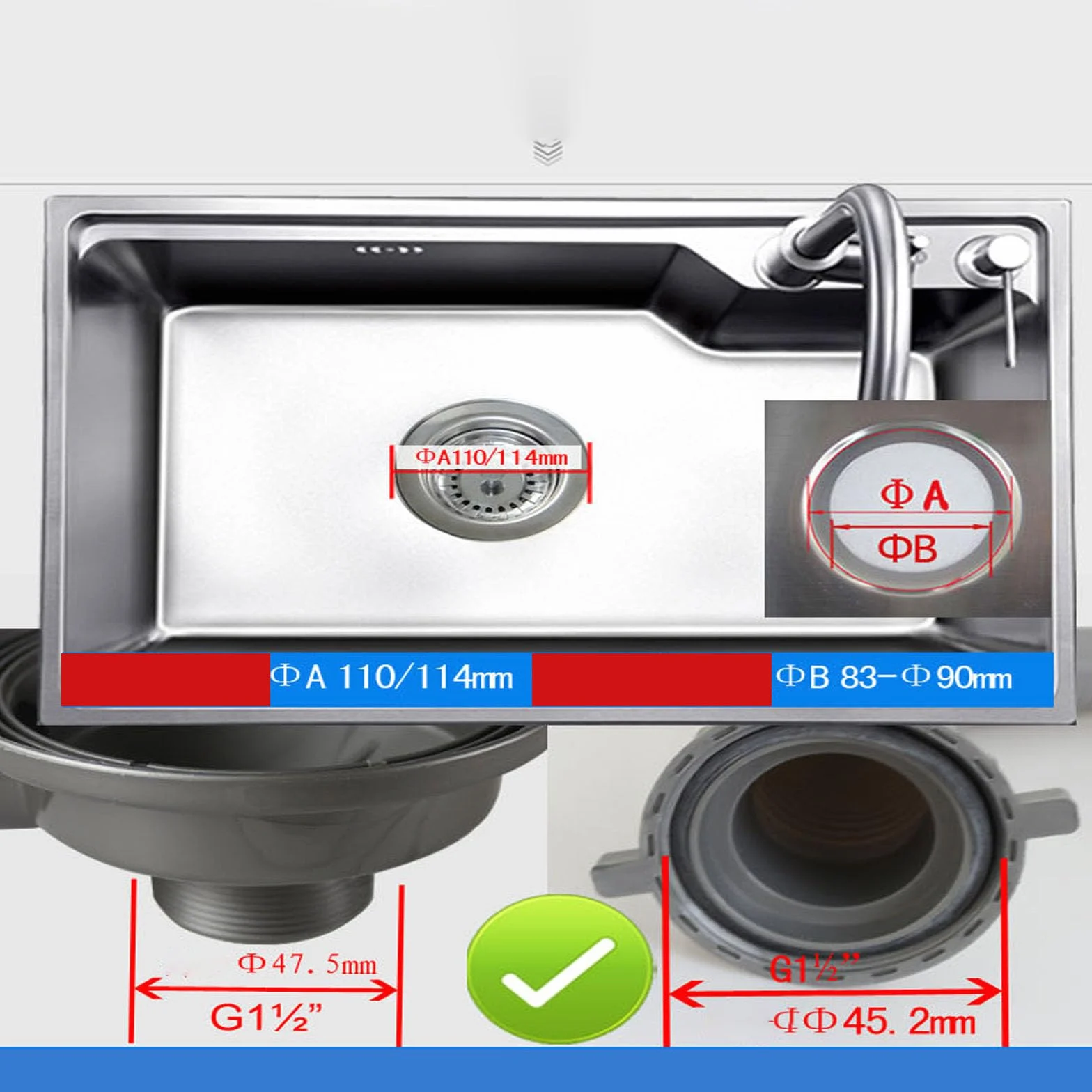 Válvula de cesta de acero inoxidable para desagüe de fregadero con rebosadero 114 mm sifón de cocina