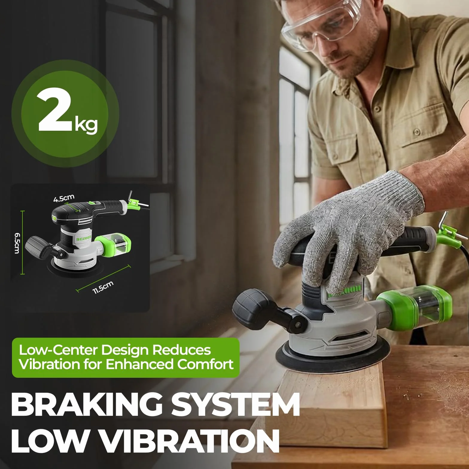 DESOON Lijadora Orbital 450W, con 31 hojas de lija, 6 velocidades, 14000 rpm, platos de lijado intercambiables de 125 mm y 150 mm, Apta para el lijado y pulido de madera