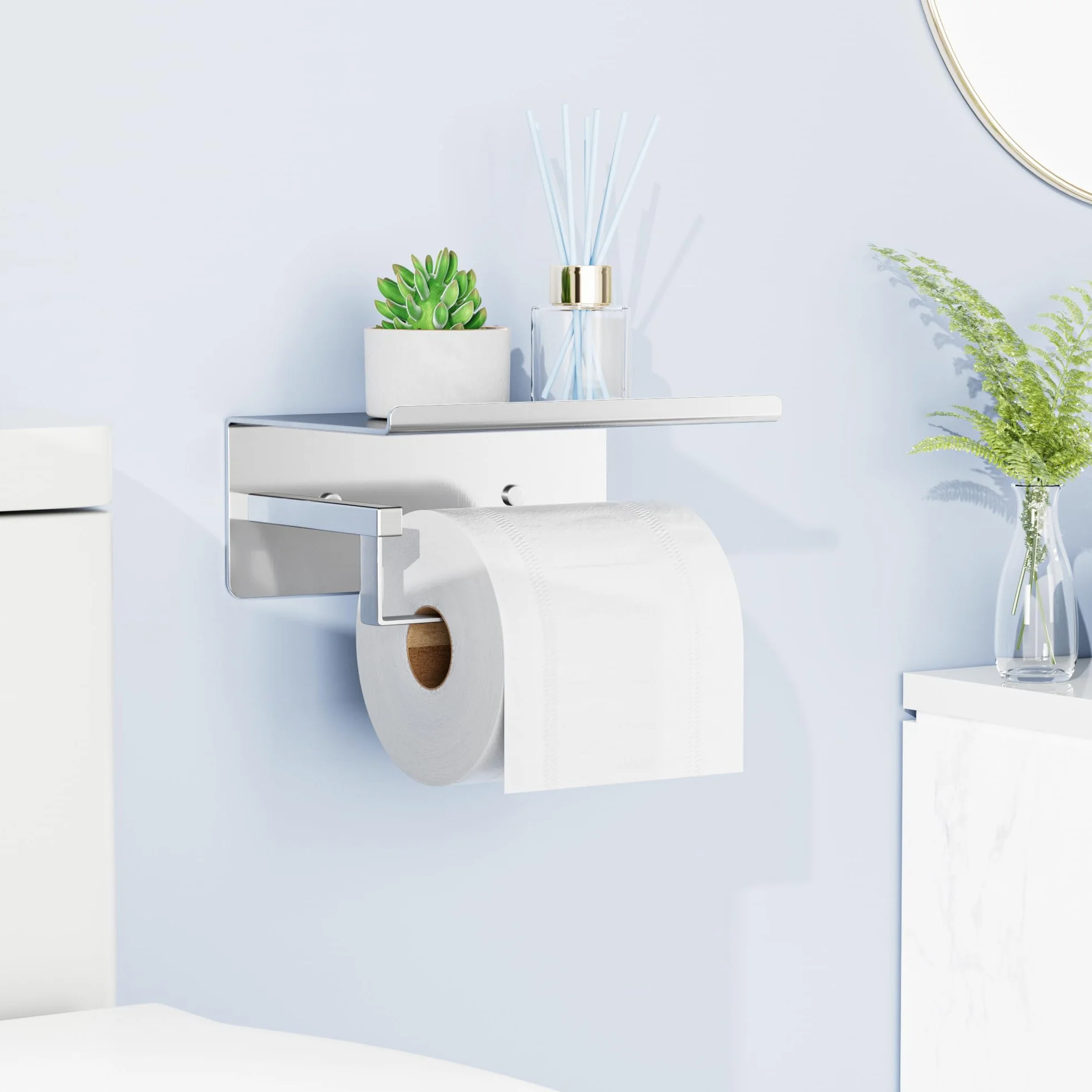 susswiff Soporte para papel higiénico con estante cromado – Soporte para rollos de papel higiénico, autoadhesivo, sin taladrar, soporte de papel higiénico para baño, acero inoxidable, plateado