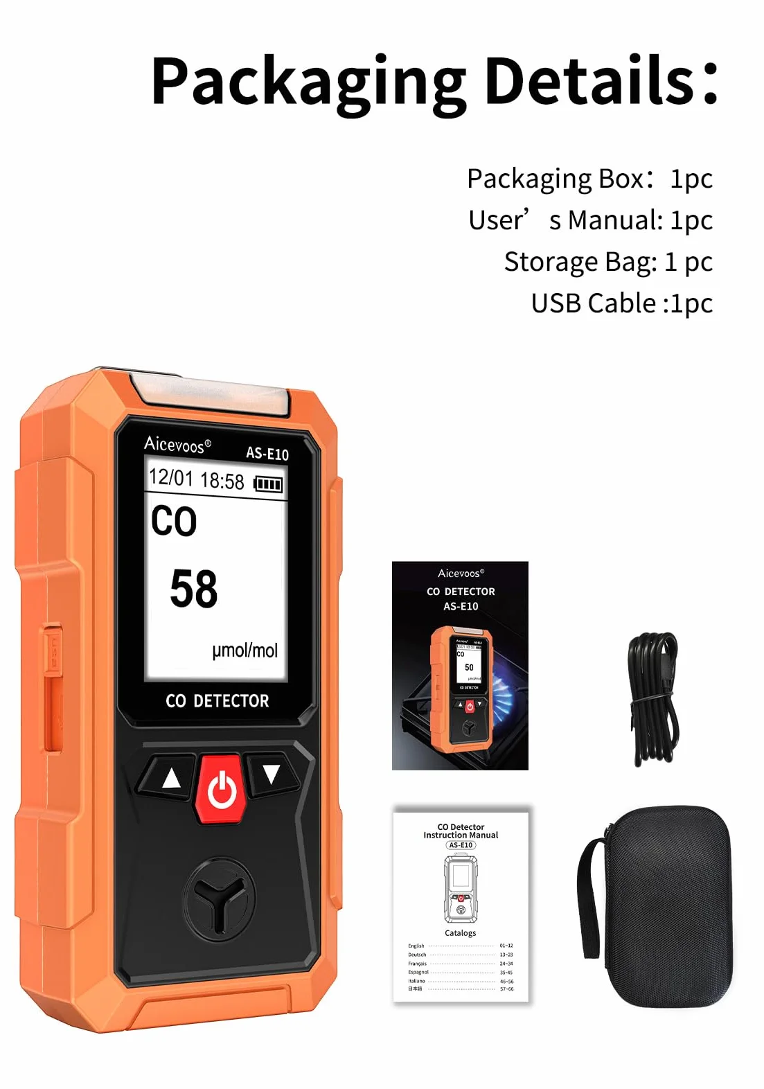 AS-E10 Detector de Monóxido de Carbono Portátil, Medidor Monóxido de Carbono con Alarma Sonora y Visual, 0-2000PPM, Alarma de CO, Pantalla LCD Retroiluminada, para Casa, Coche, Camping