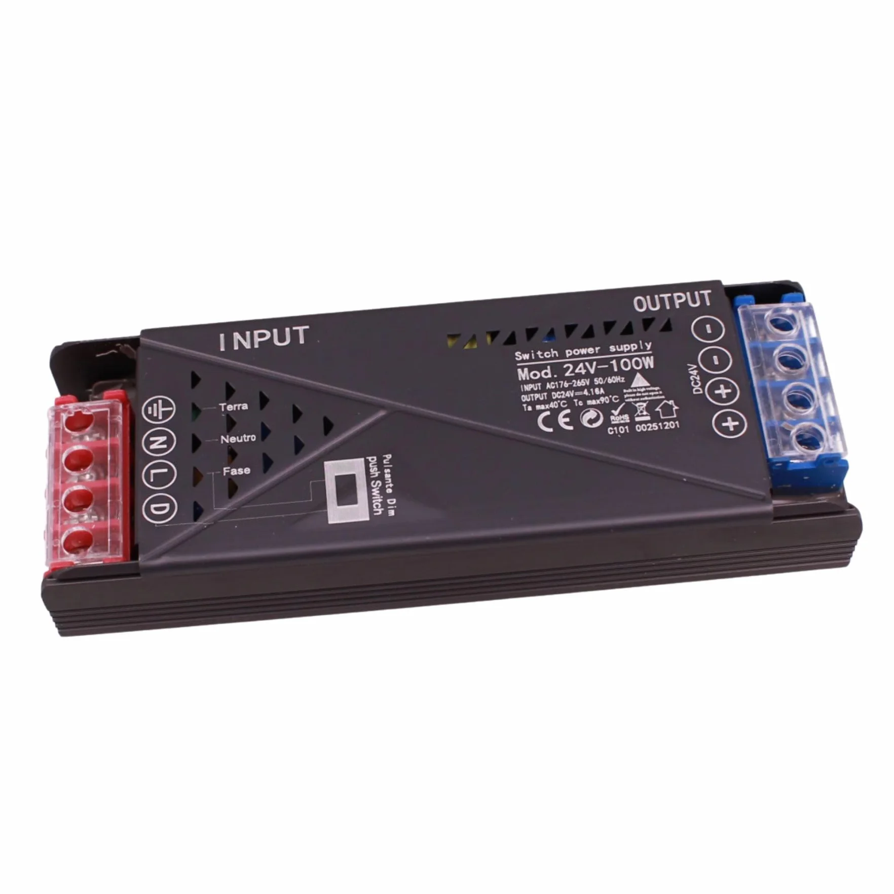 Transformador Tira Led 24v Regulable 100W, dimmerizable con pulsador NO (10-100%), memoria tras apagón y apagado progresivo, 2 salidas para tiras LED, Push Dimmer integrado