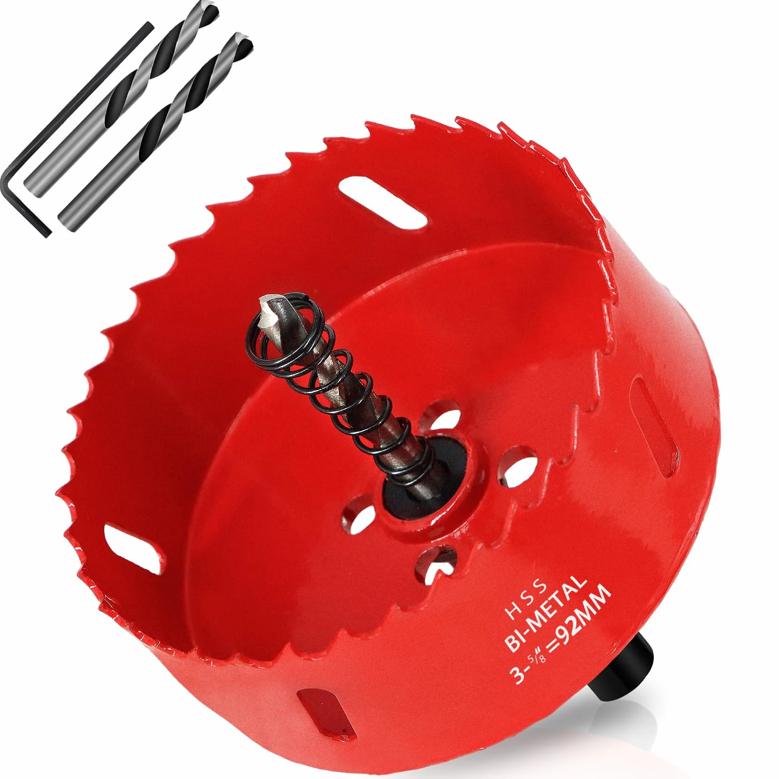 Corona perforadora bimetálica de 92 mm, M42 HSS, con adaptador de vástago triangular y broca de centrado, para madera, metal blando, plástico, vidrio, azulejo, cerámica