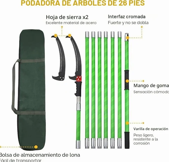 Sierra de Podar Telescópica con Asa, con Mango Telescópico de 8 Metros, Sierra de Podar Manual, Herramientas de Jardinería para El Tamaño de Palmeras y Arbustos