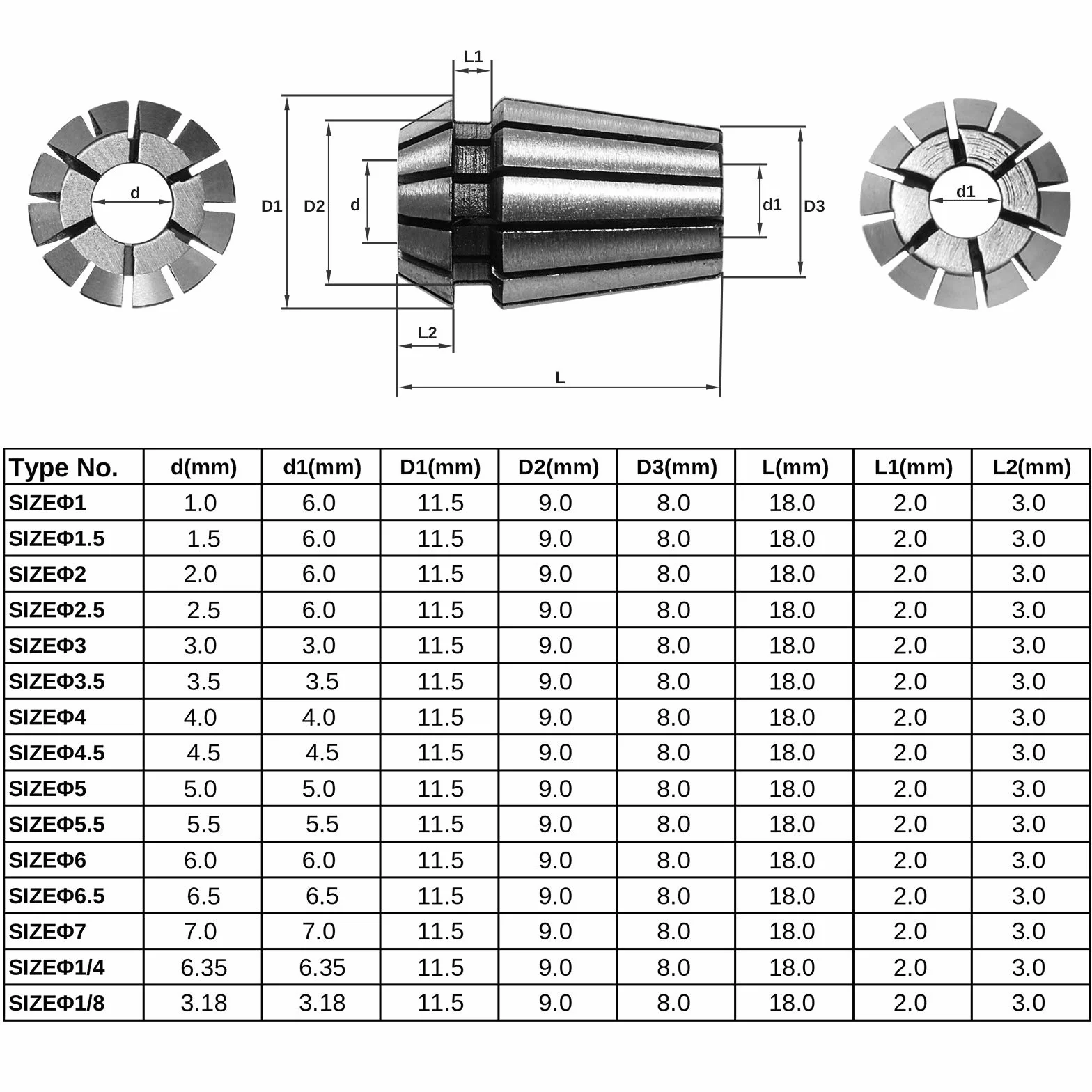 Genmitsu ER11 - Juego de pinzas de resorte de 1 a 7 mm, 1/8 pulgadas, 1/4 pulgadas para dispositivo de sujeción CNC, máquina de grabado, fresado, torno, paquete de 15
