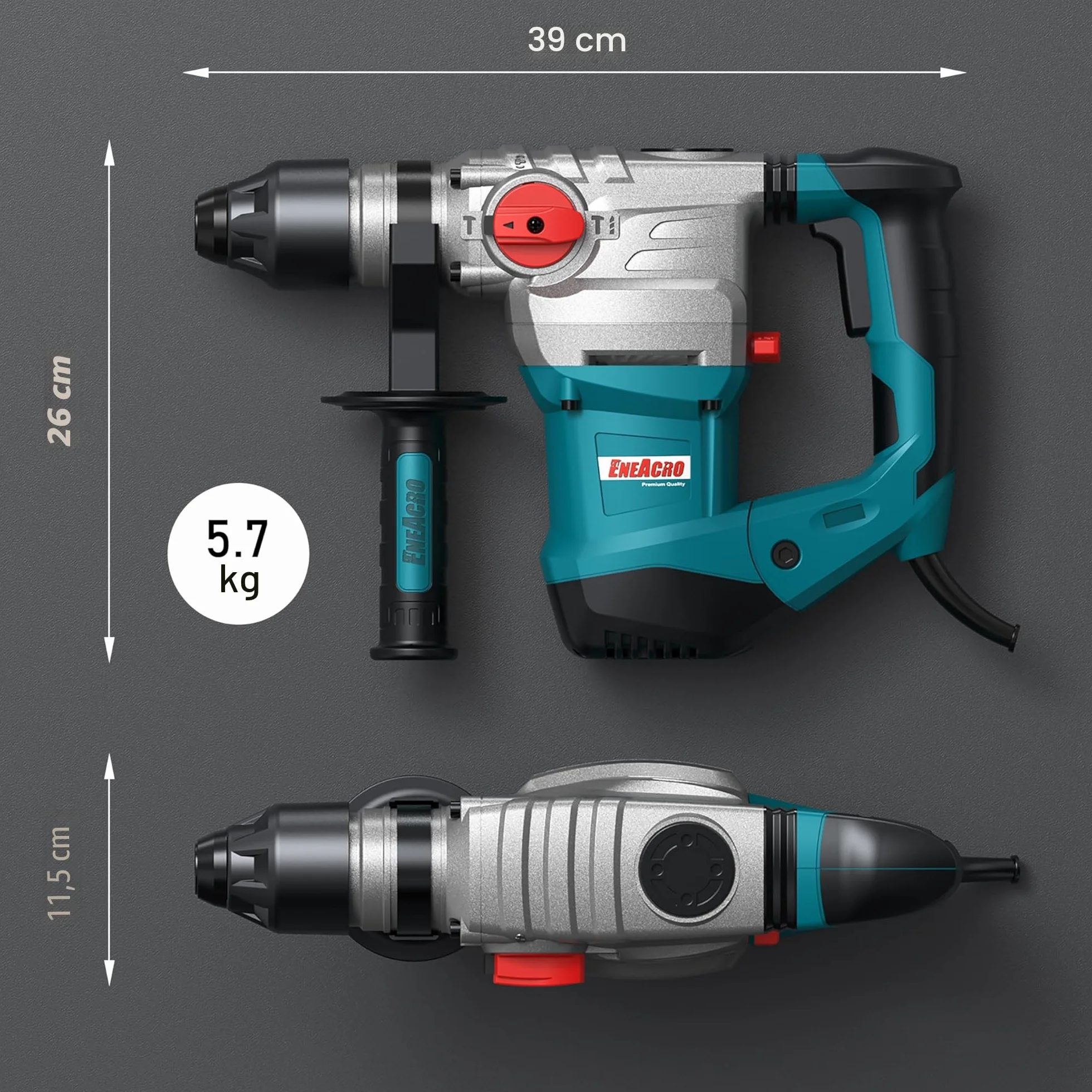 ENEACRO SDS-Plus Martillo Perforador de Alta Potencia, 1500W y 7J, con Embrague de Seguridad y Control de Vibración, 4 Funciones, Incluye Grasa, Cinceles, Brocas y Bolsa de Herramientas