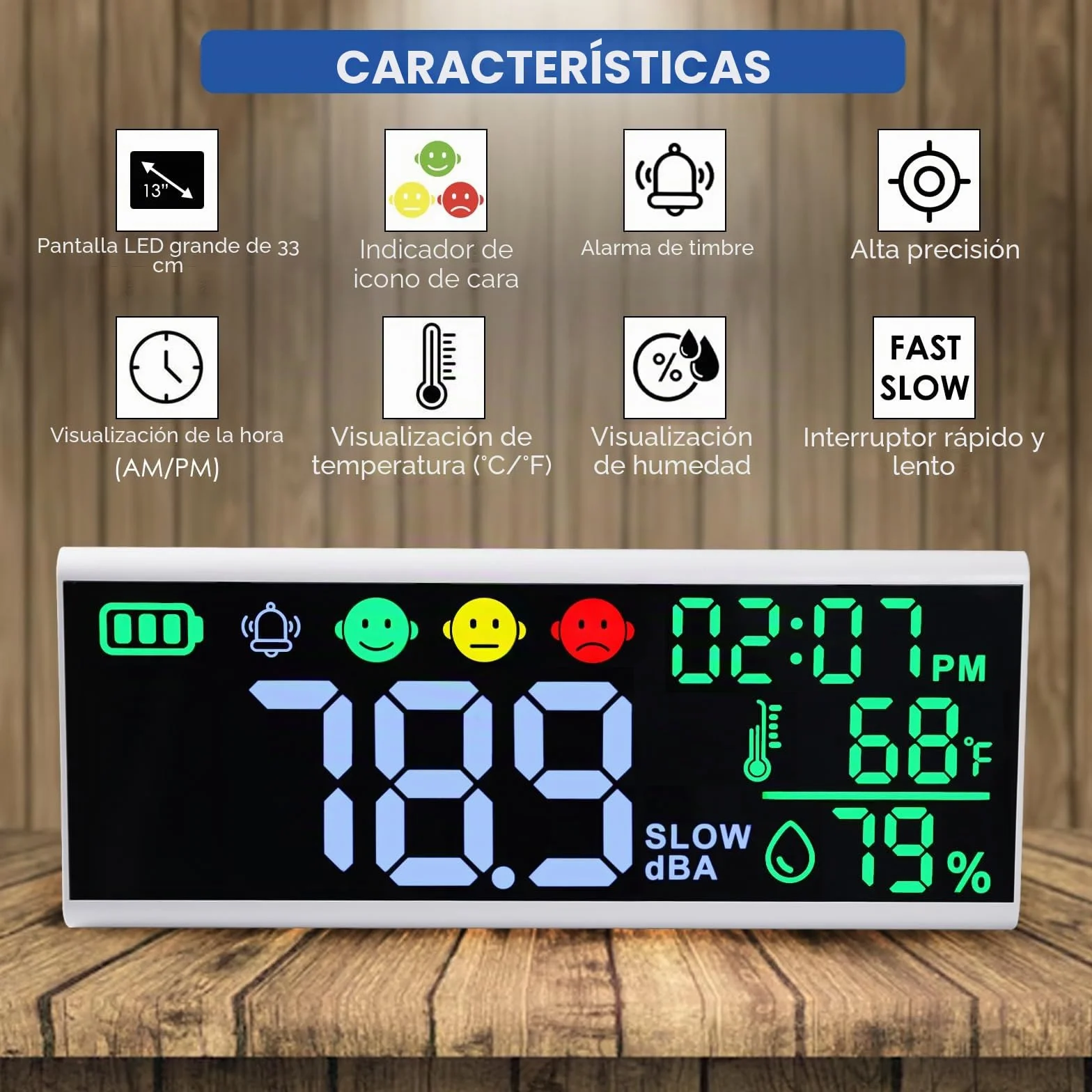 Medidor de decibelios 13 pulgadas, nivel de sonido LED para pared y mesa, alarma con zumbador