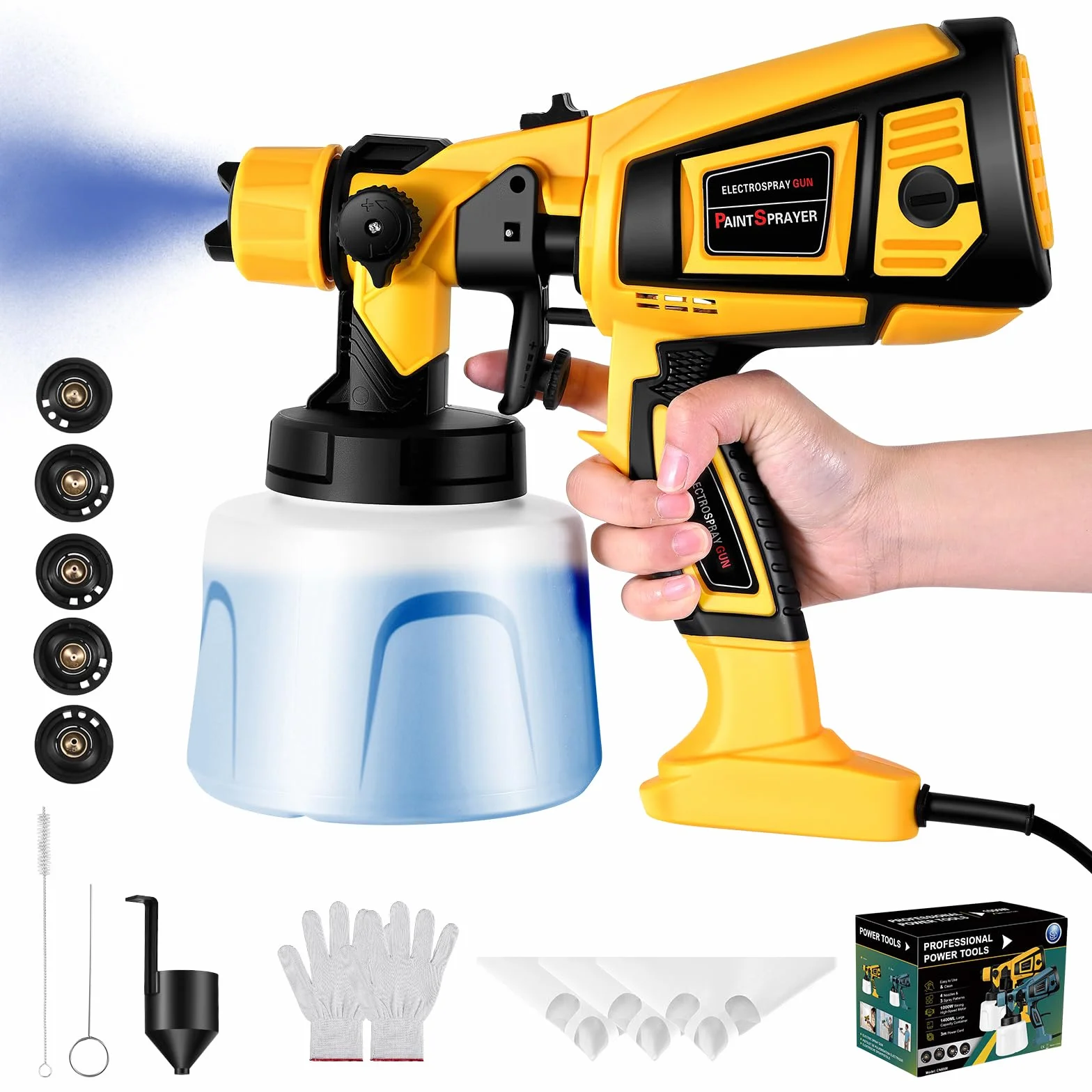 Pistola de Pintura Eléctrica HVLP 800W, 1400ML con Gatillo Bloqueable para Uso Continuo, 4 Boquillas & 3 Patrones para Paredes Vallas Muebles Techo, Sistema de pulverización de pintura2