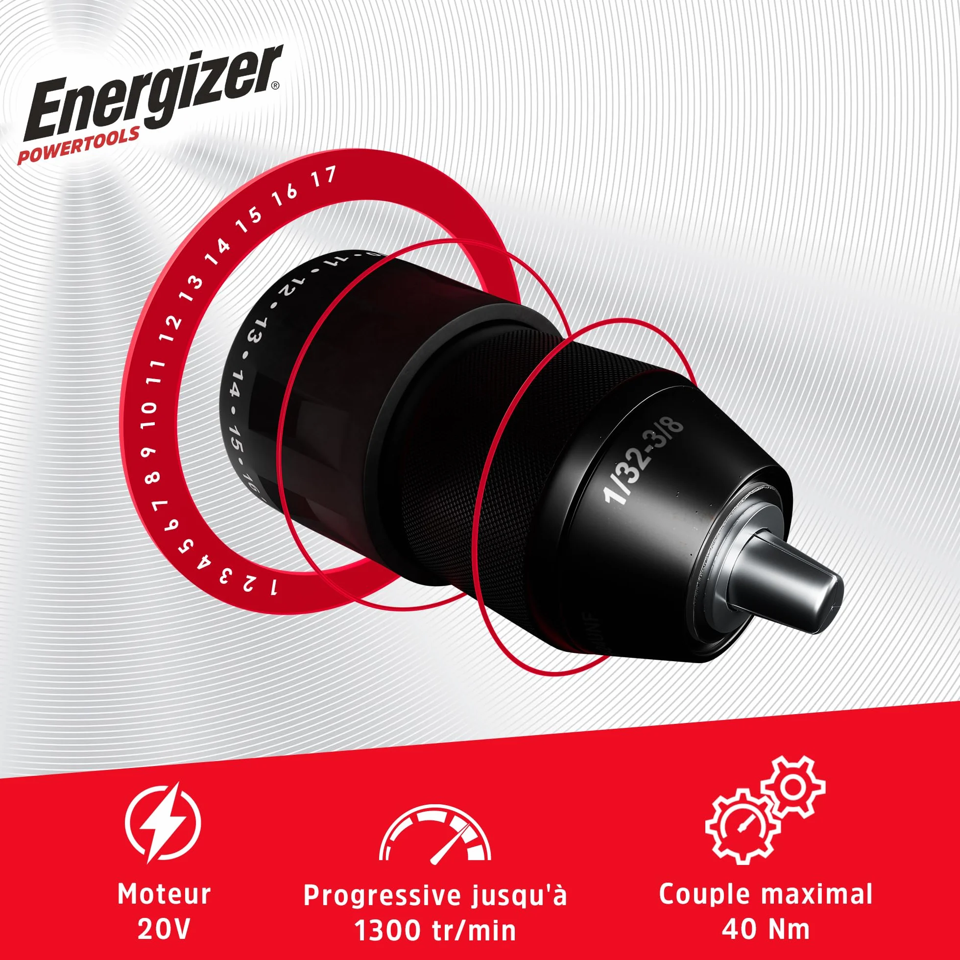 Energizer - Taladro atornillador inalámbrico 20V ultraligero, torque 40 Nm, 2 velocidades (1850 RPM), portabrocas de 10 mm, incluye 2 baterías 20V 2AH + cargador rápido, herramienta de alto rendimient
