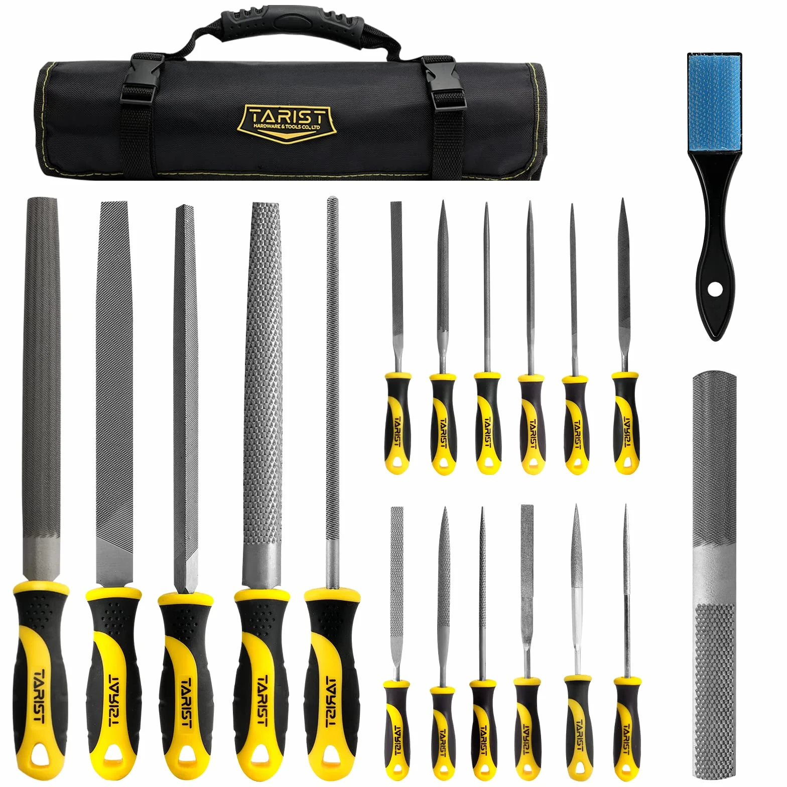 TARIST Juego de limas para metal y madera 19 piezas con bolsa de herramientas. - Juego de limas incluye 12 Limas de Aguja, 4 Limas Metal, Escofina Semirredonda, 4-in-1 Lima y Cepillo de Acero